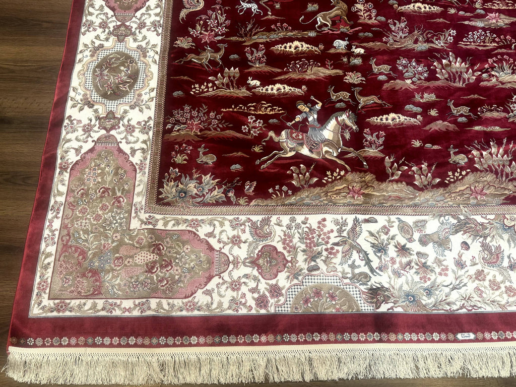 Turkish Silk Rug 8x10, Red & Ivory, Hunting Design, Bamboo Silk, New