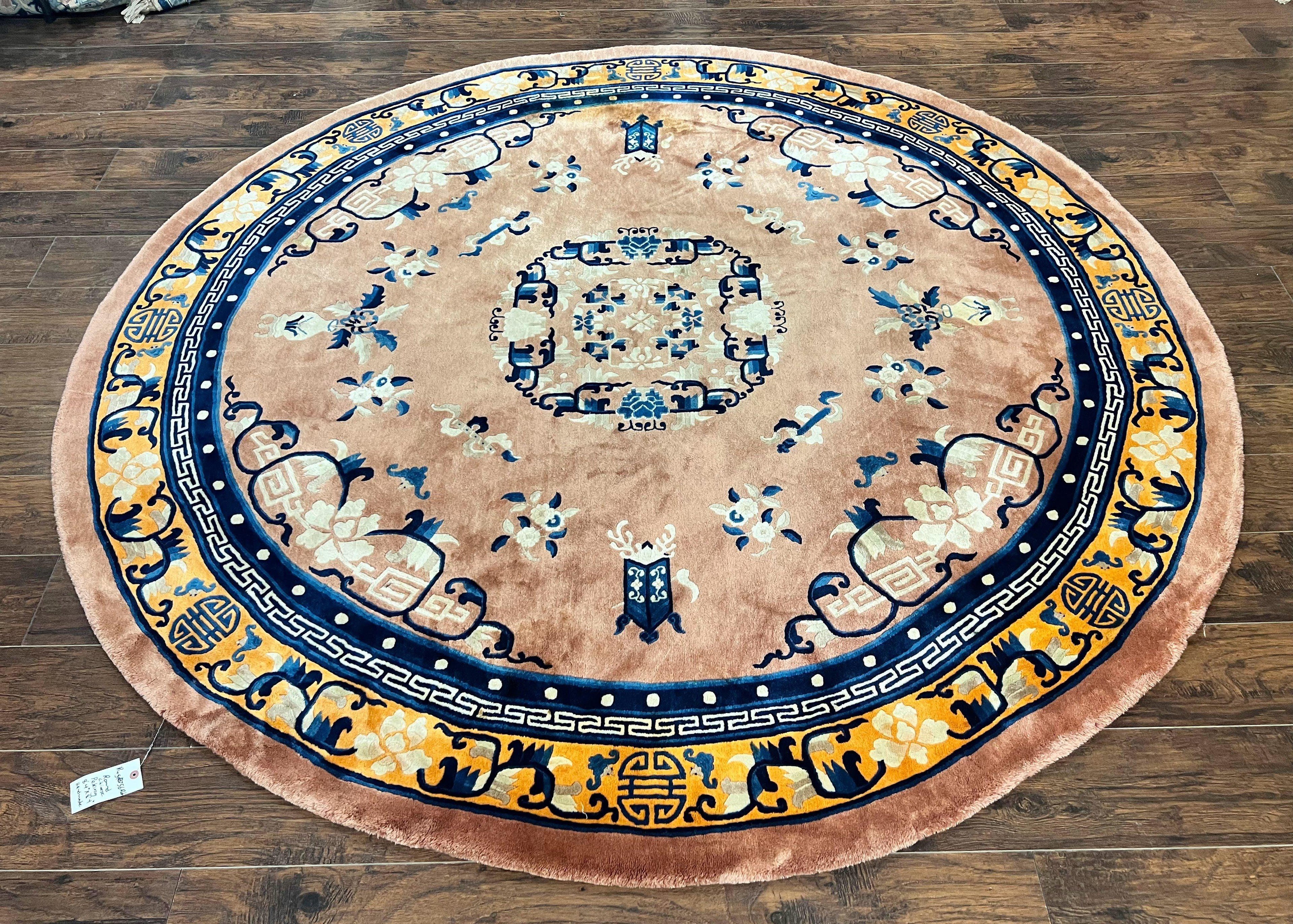 Antique Round Chinese Wool Rug 8x8, Chinese Peking Carpet, Asian Oriental Carpet 8 x 8 ft, Chinese Art Deco Rug, Nichols Rug