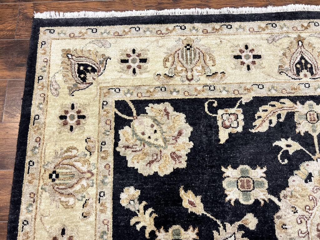 Indo Mahal Rug 8x10, Black and Beige, Vintage Rug 8 x 10 ft, Floral, Handmade Wool Carpet