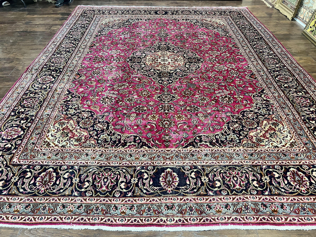 Persian Rug 10x13, Wool Hand Knotted Antique Kashmar Carpet, Raspberry Red & Navy Blue, Floral Medallion, Traditional Oriental Rug 10 x 13