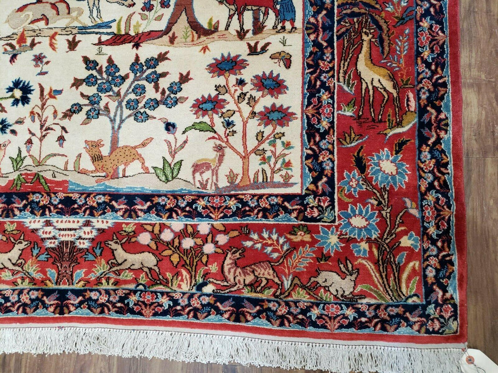 Antique Persian Isfahan Rug 5x7, Animal and Human Pictorials, Hand Knotted Fine Oriental Wool Carpet, Cream and Red, High KPSI, Vintage Rug 5 x 7 ft