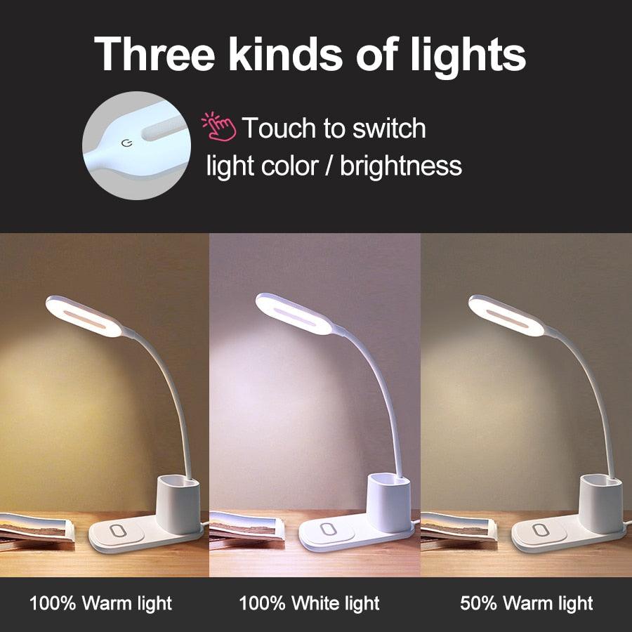10W QI Quick Wireless Charging LED Desk Lamp Flexible Touch Dimmable Eye Protect Reading Table Light Bedroom Office Table Lamp Decorative Table Lamp Cute Study Lamps for Bedroom Décor