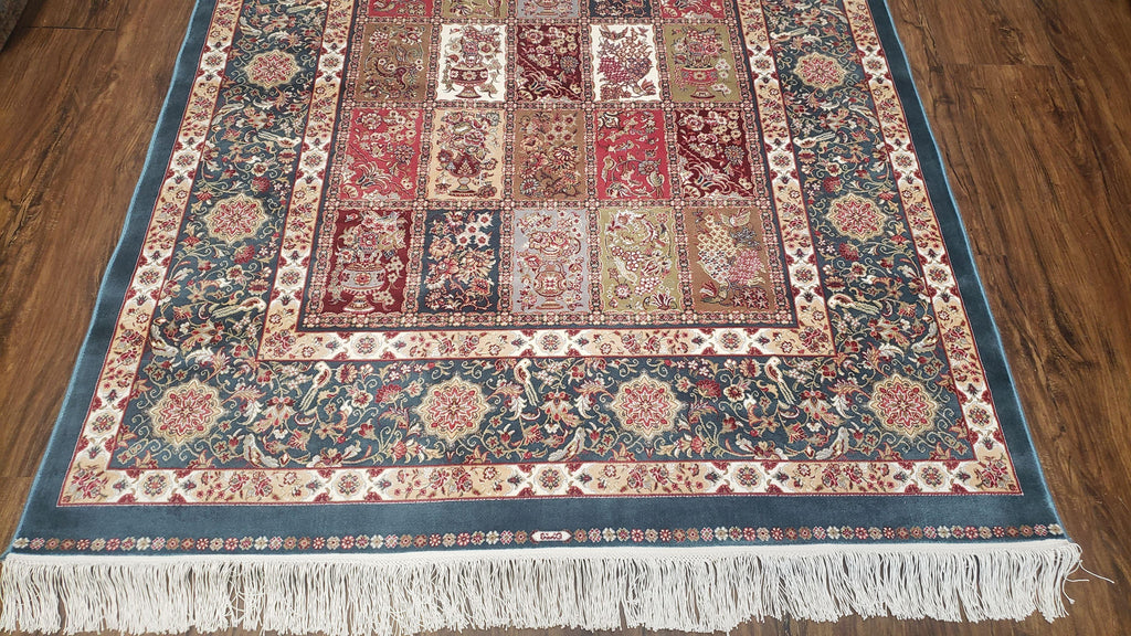Silk Carpet 4x6 Blue, Panel Design, Four Seasons Pattern, Super Fine & Soft, Bamboo Silk, 4 x 6 Oriental Area Rug, High Quality, New Rug