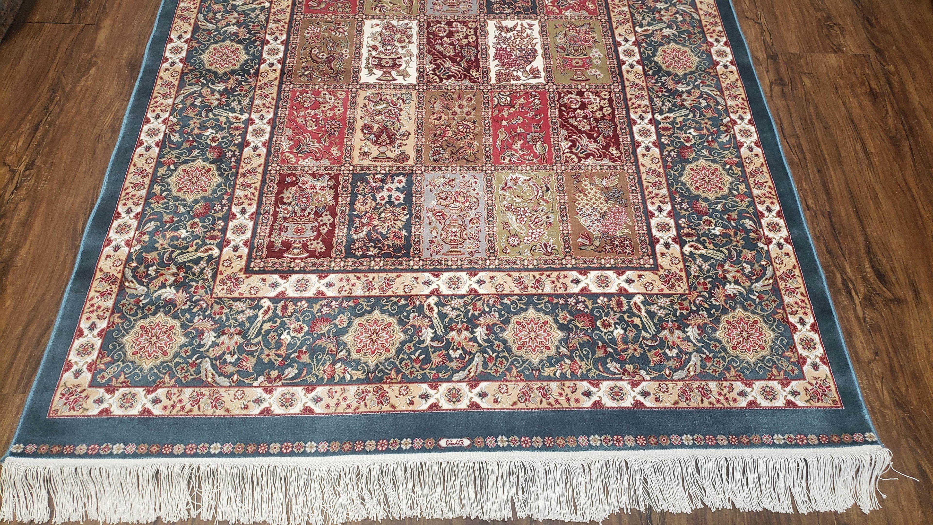 Silk Carpet 4x6 Blue, Panel Design, Four Seasons Pattern, Super Fine & Soft, Bamboo Silk, 4 x 6 Oriental Area Rug, High Quality, New Rug