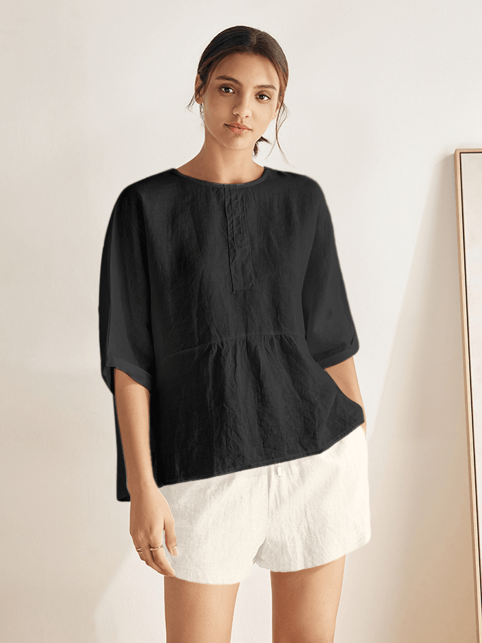 100% Linen Round Neck Mid-Sleeve Top ROBYN