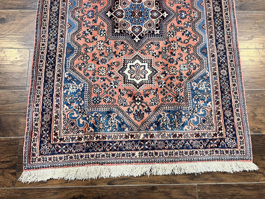 Persian Shiraz Rug 3x5, Geometric Tribal Rug, Wool Hand Knotted Vintage Carpet, Light Red & Blue, Signed by Masterweaver