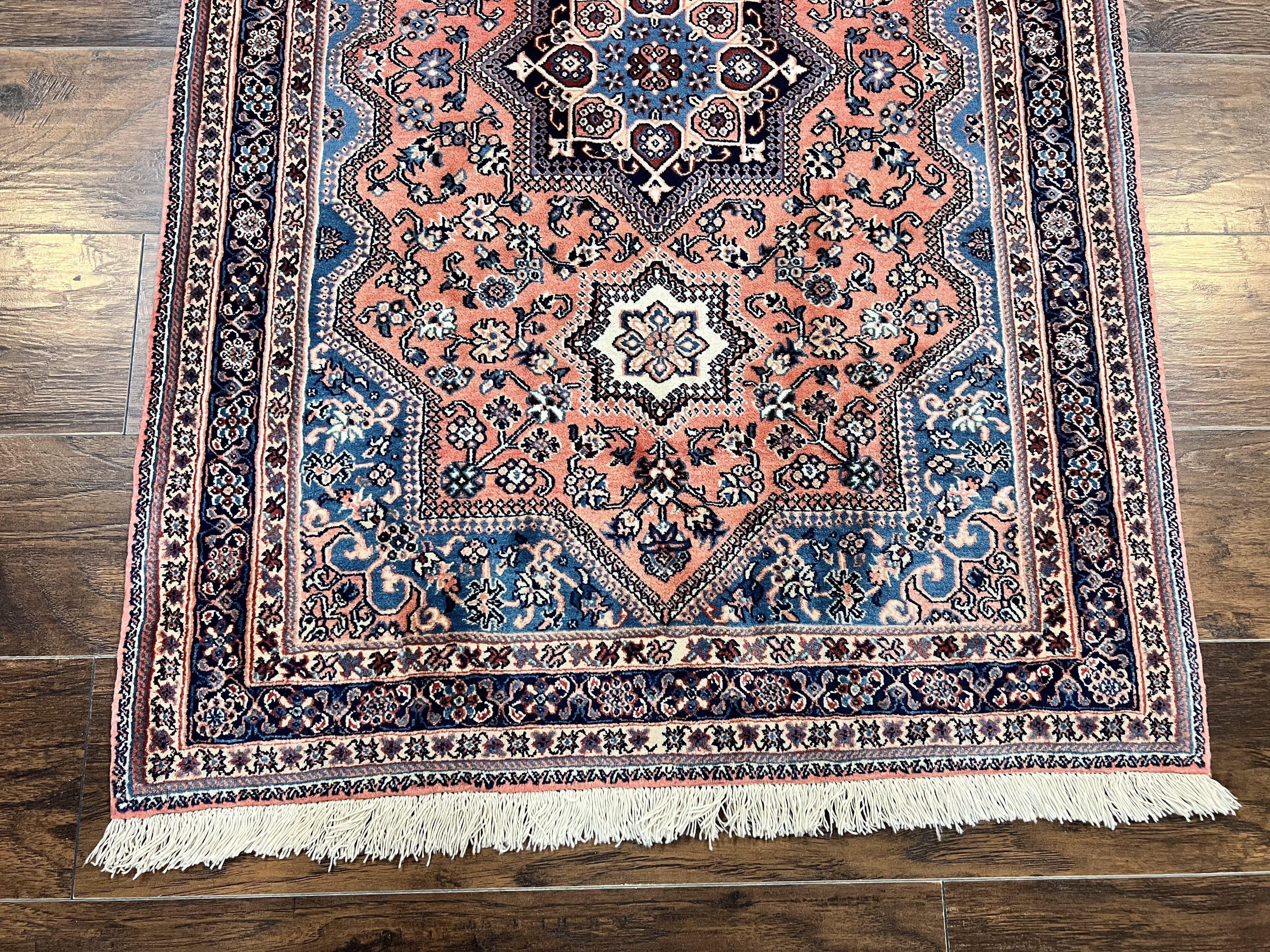 Persian Shiraz Rug 3x5, Geometric Tribal Rug, Wool Hand Knotted Vintage Carpet, Light Red & Blue, Signed by Masterweaver