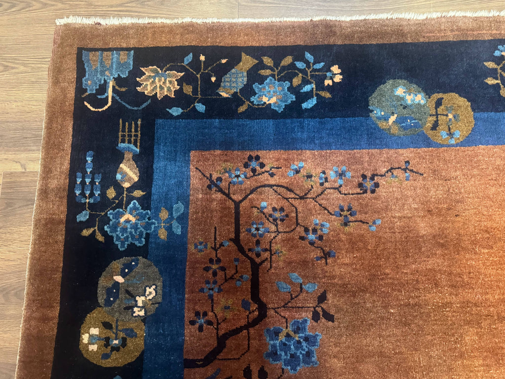 Antique Chinese Wool Rug 9x12, Light Brown and Navy Blue, Fete Peking Art Deco
