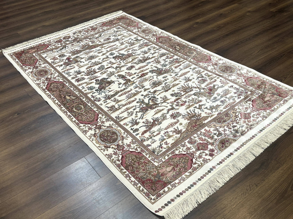 Turkish Silk Rug 5x8, Ivory, Hunting Design, Animal Pictorials, Bamboo Silk