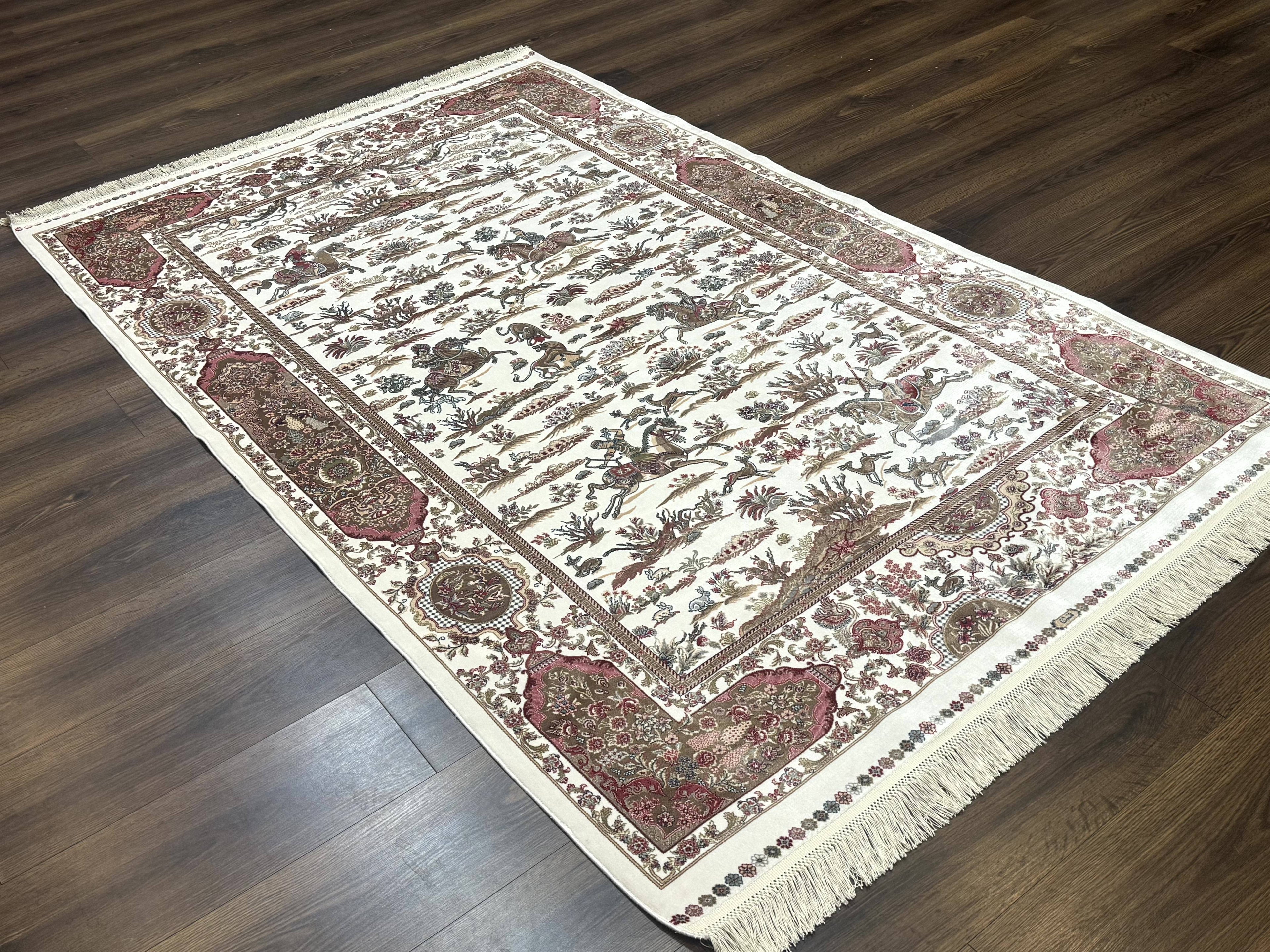 Turkish Silk Rug 5x8, Ivory, Hunting Design, Animal Pictorials, Bamboo Silk