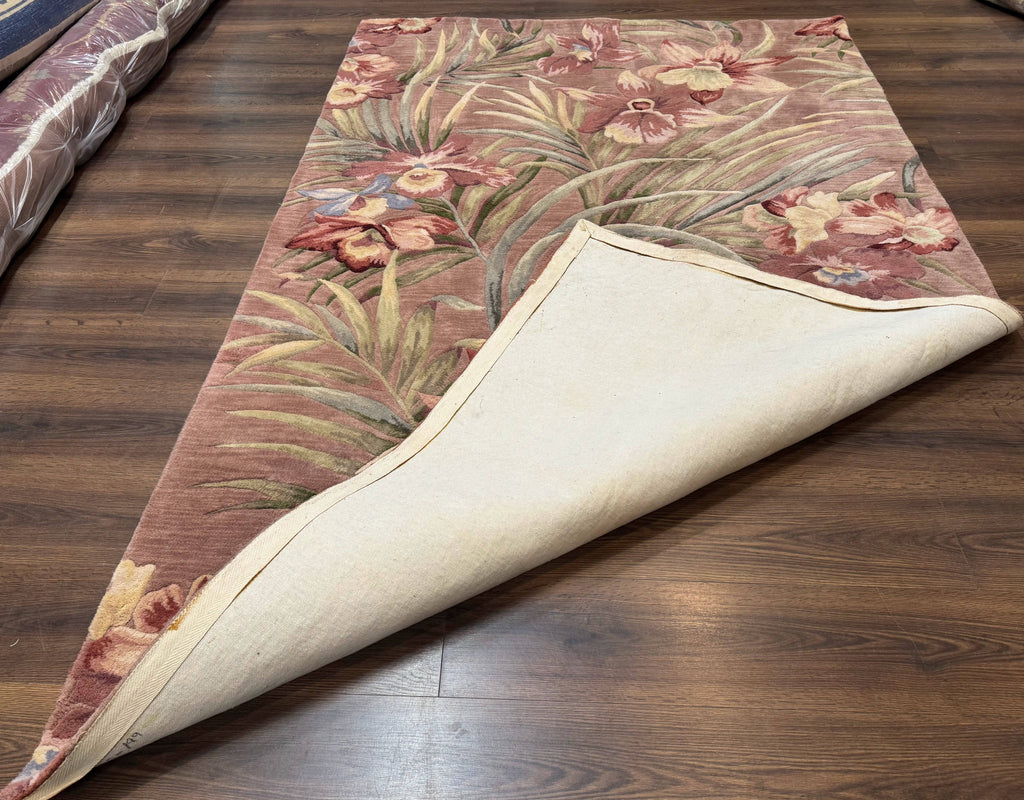 Hand Tufted Floral Rug 5x8, Light Rose Wool Carpet