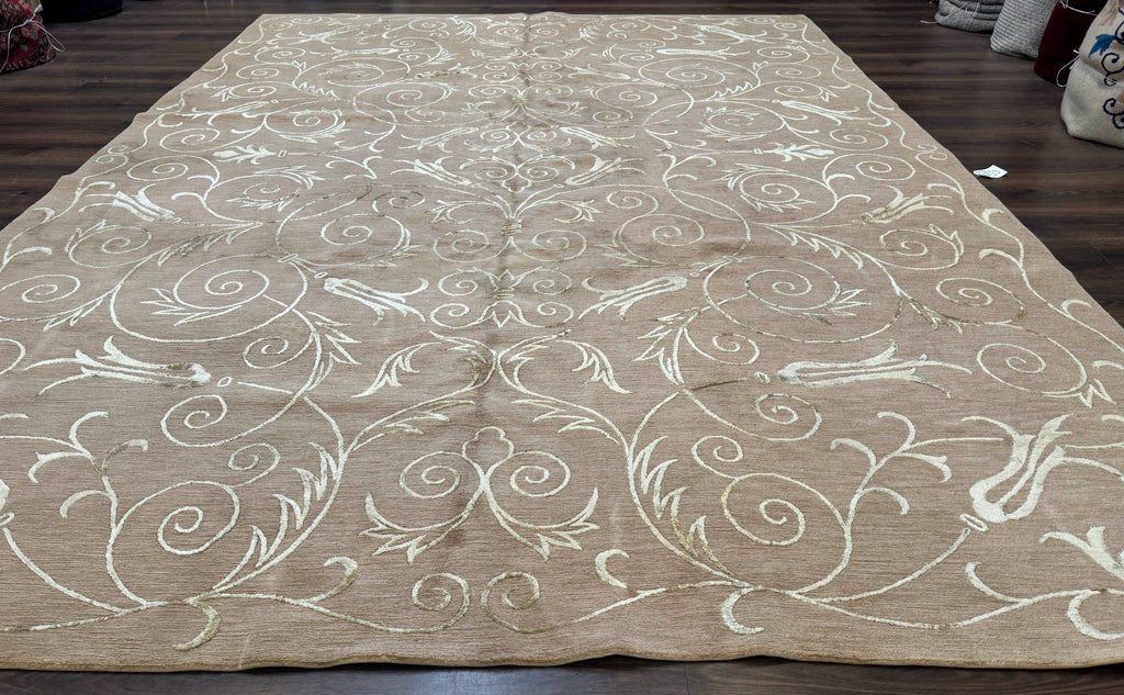 Tibetan Rug 9x12 Wool and Silk Beige Modern Handmade Carpet
