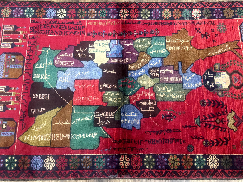 Afghan Rug 3x7, Map of Afghanistan, War Rug, Tribal Rug, Balouch Rug, New, Red