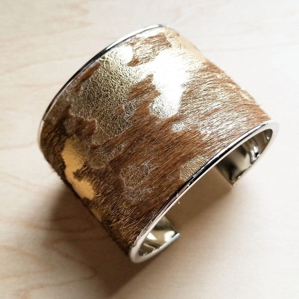 Hair-on-Hide Tan and Gold Cuff Bangle Bracelet