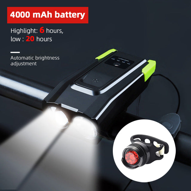 Bicycle Front Light USB Rechargeable Smart Headlight With Horn LED Bike Lamp Headlight Waterproof Bicycle Light With Horn Speaker Touch Switch USB Power Display 4000mAh