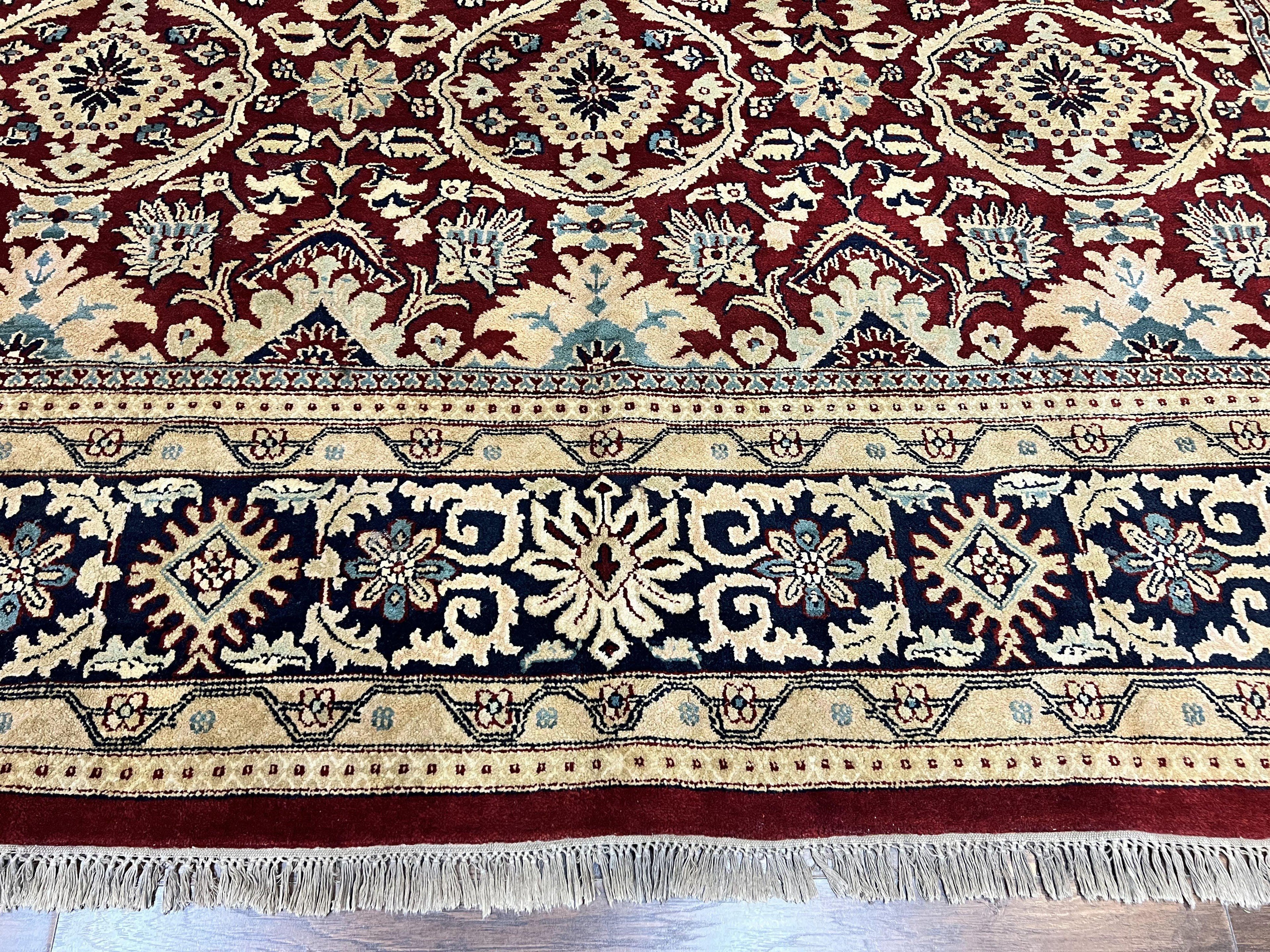 Indian Agra Rug 12x15, Maroon, Hand Knotted Vintage Palace Sized Oriental Carpet