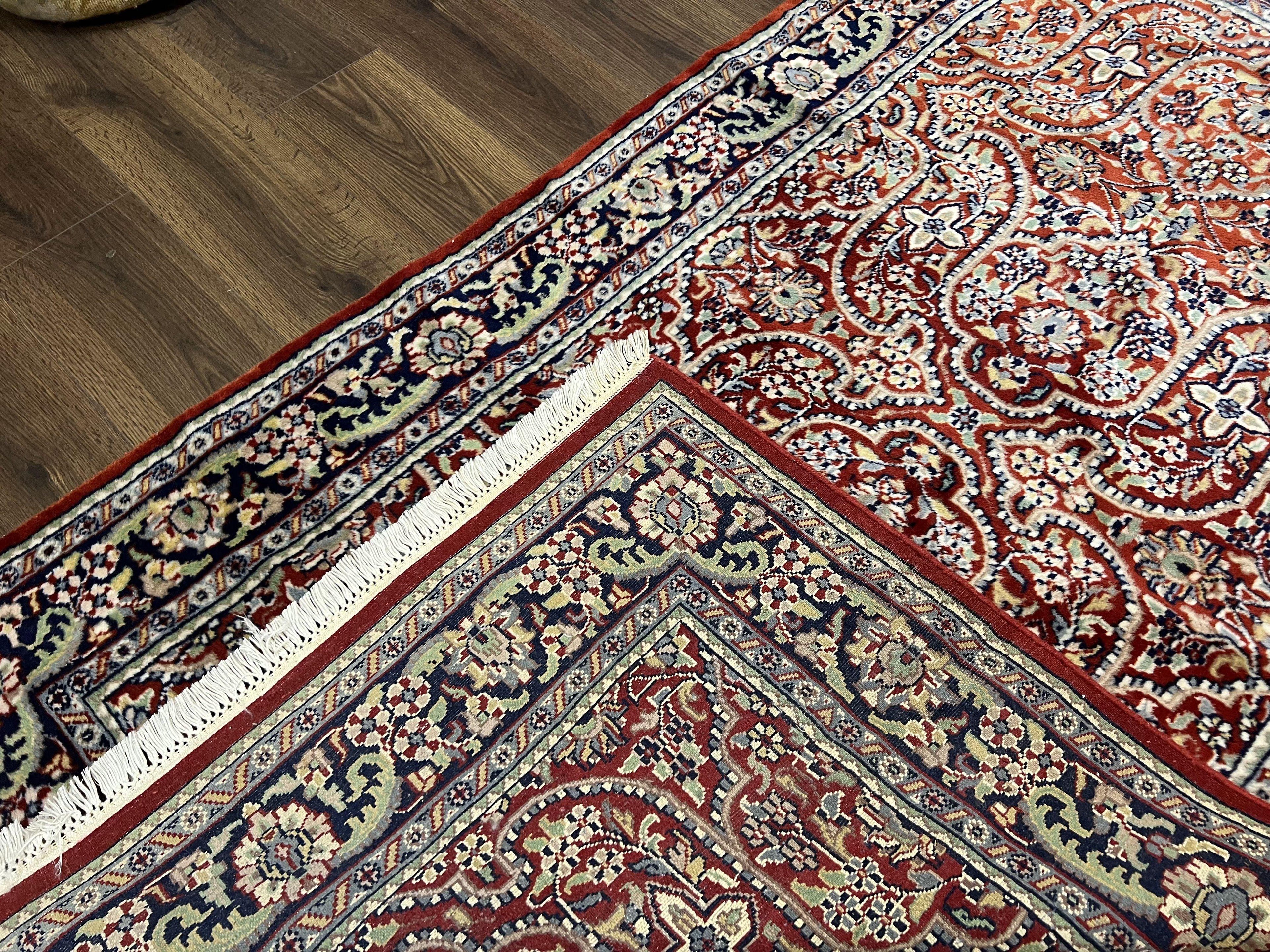 Indo Persian Rug 4x7, Allover Floral Oriental Carpet, Red and Navy Blue, Hand Knotted Indian Kashmiri Traditional Vintage Area Rug 4 x 7 ft