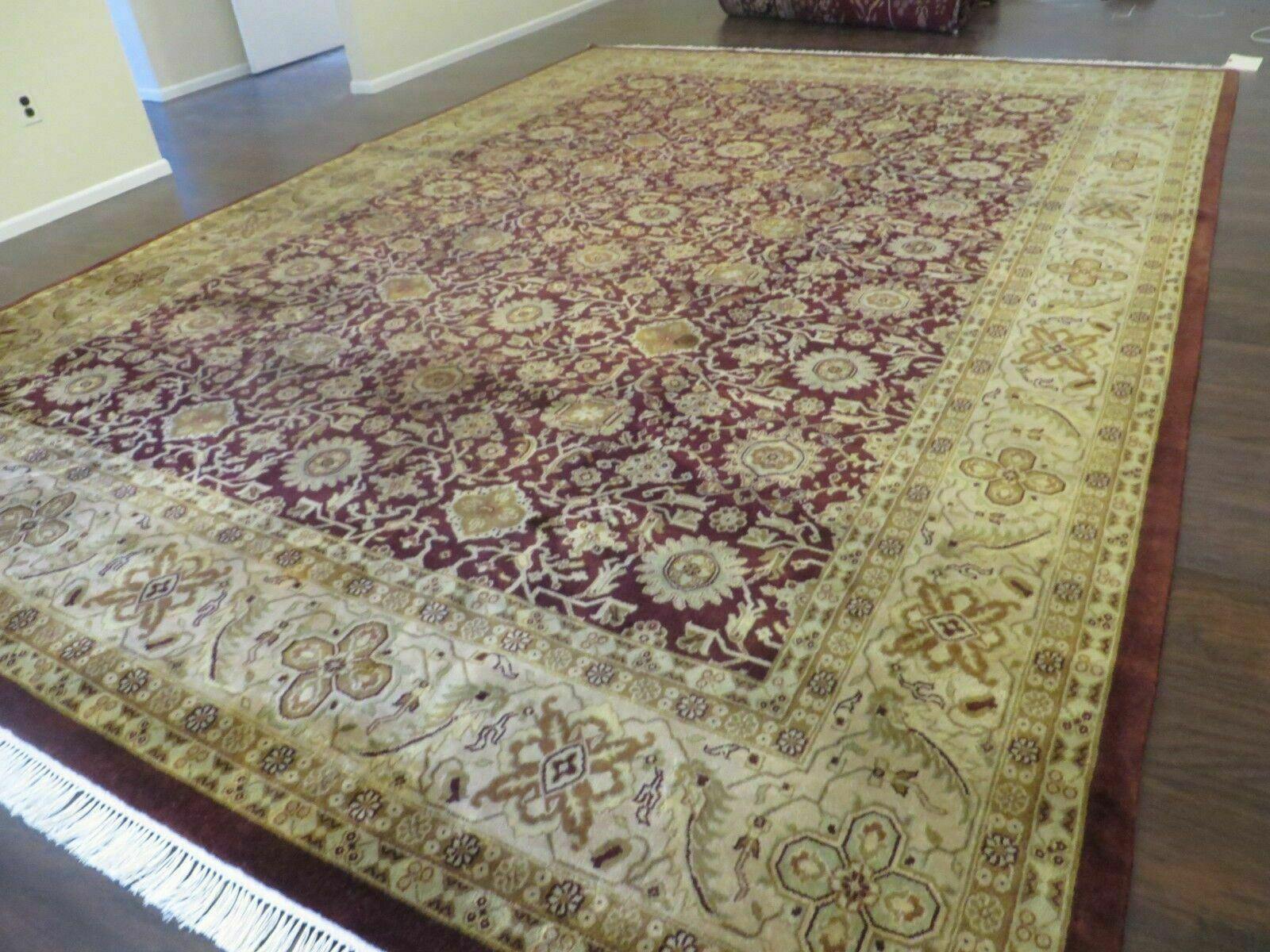 Indian Agra Rug 10x14 Vintage Handmade Larastan Wool Carpet Maroon Floral