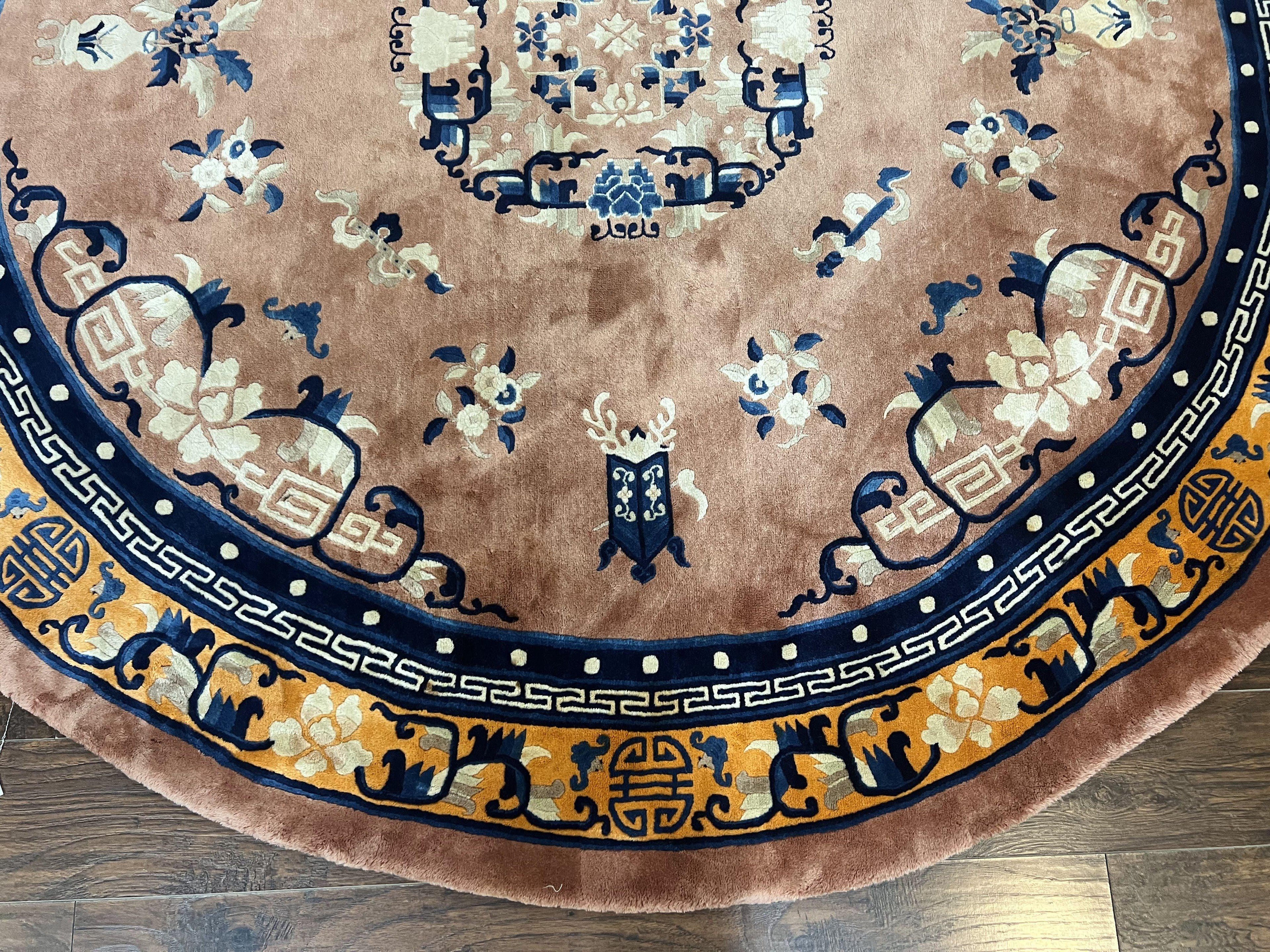 Antique Round Chinese Wool Rug 8x8, Chinese Peking Carpet, Asian Oriental Carpet 8 x 8 ft, Chinese Art Deco Rug, Nichols Rug