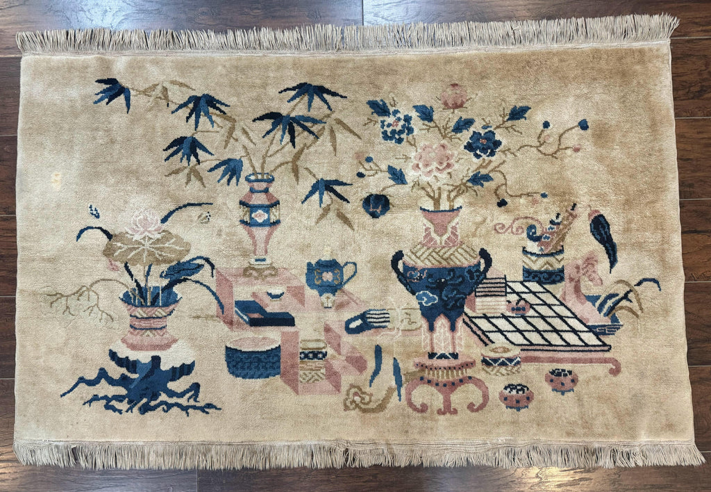 Chinese Rug 5x3, Horizontal Rug, Vases Flowers, Handmade Antique Vintage Carpet, Peking Rug, Chinese Wool Rug
