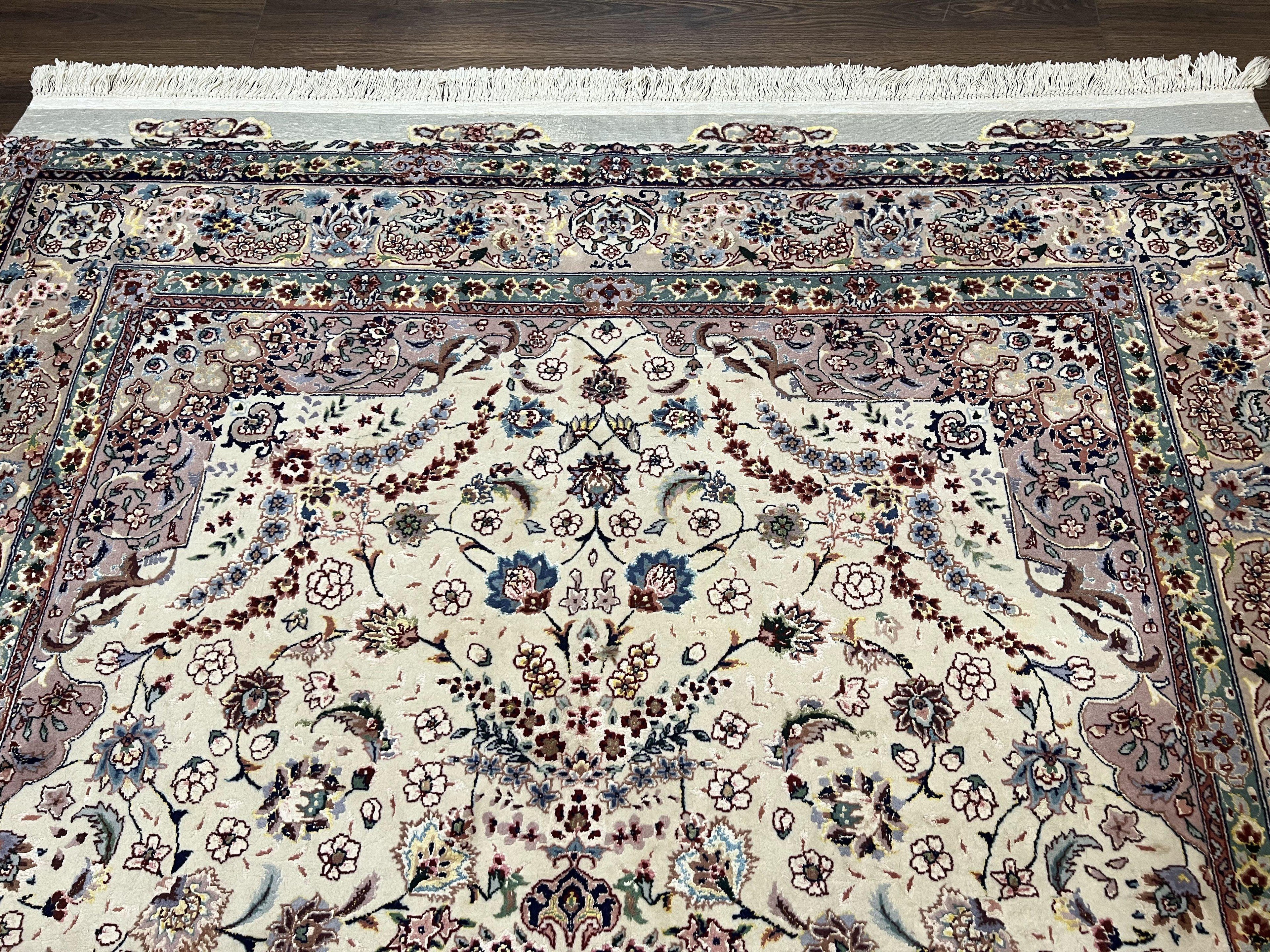 Beautiful Pak Persian Rug 6x9, Floral Medallion, Wool and Silk, Highly Detailed Elegant Carpet, Vintage Oriental Rug 6 x 9, Cream and Gray
