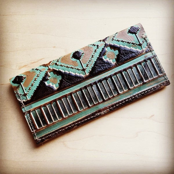 Embossed Leather Wallet-Turquoise