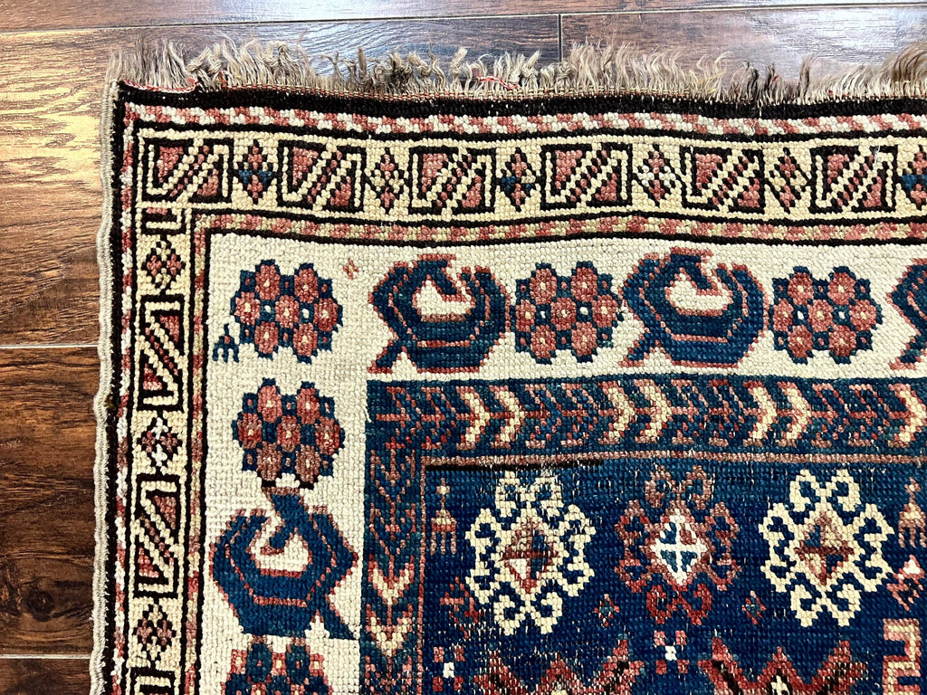 Antique Caucasian Kazak Rug 2.5 x 4, Navy Blue and Ivory, Hand Knotted Handmade Wool Rug