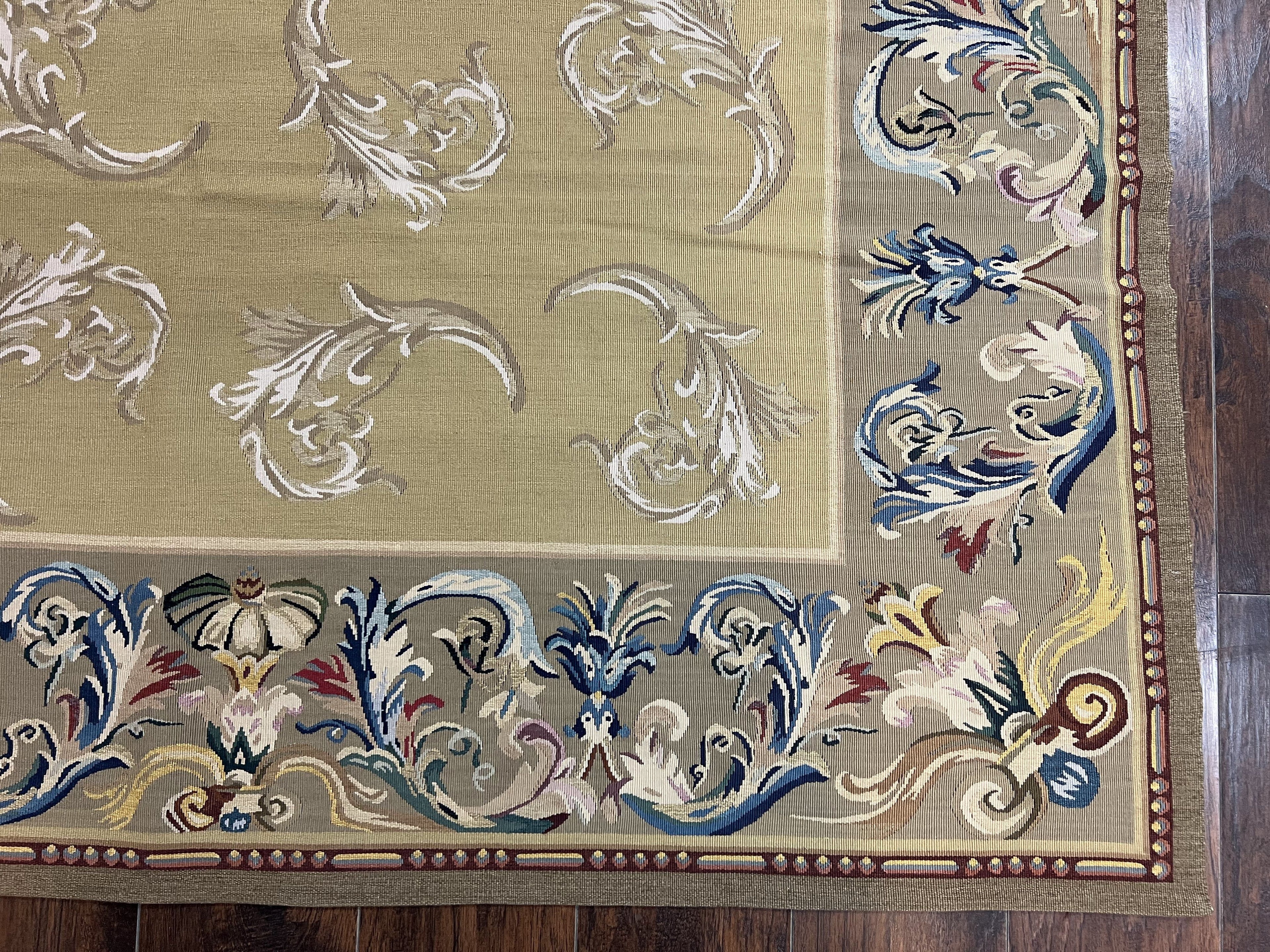 Vintage Aubusson Flatweave Area Rug 9x12, Aubusson Weave, Wool, Beige, Handmade, French European Design, 8'9" x 11'9"