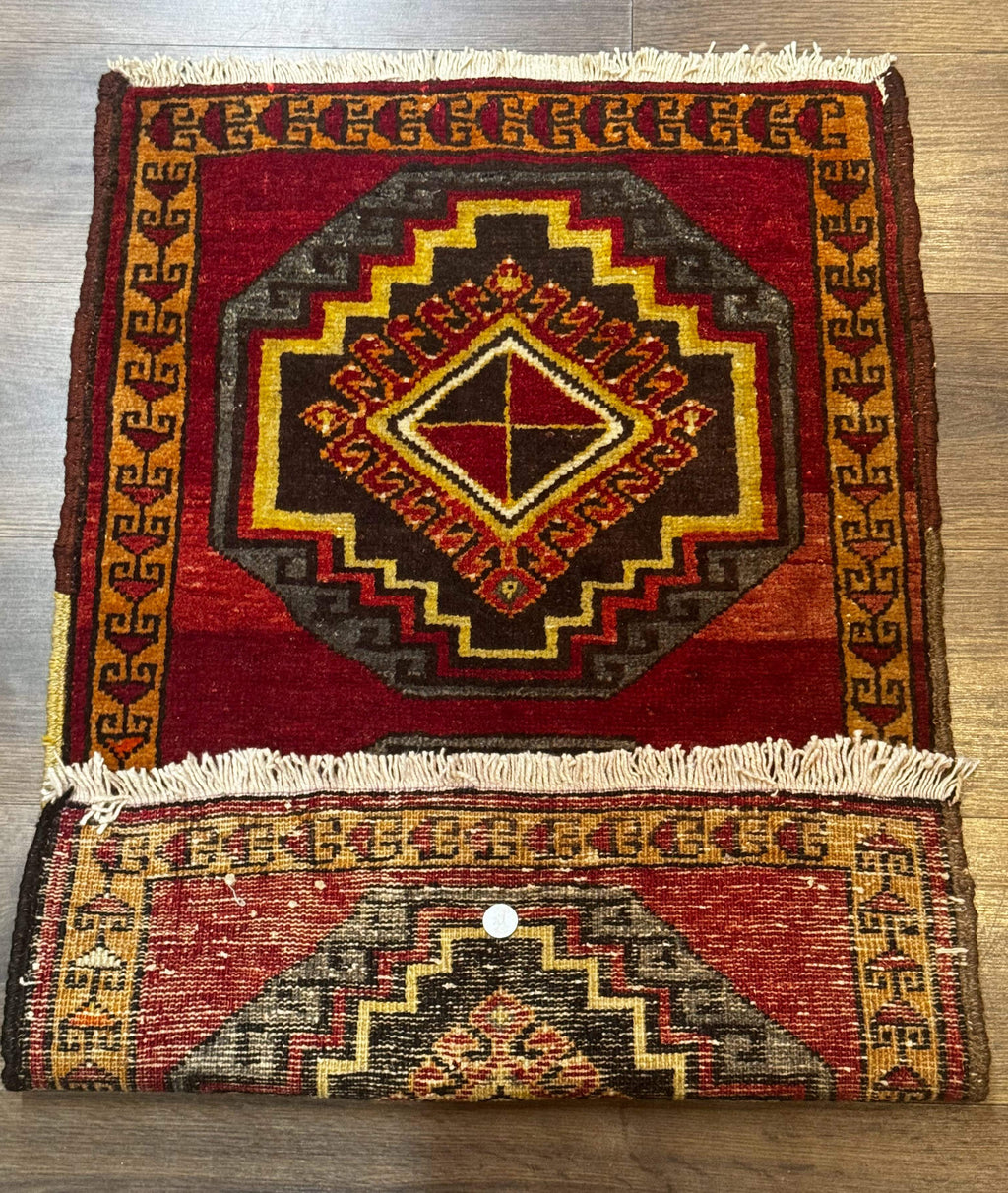 Small Antique Turkish Yastik Rug 2x3, Double Medallions, Geometric, Red, Wool