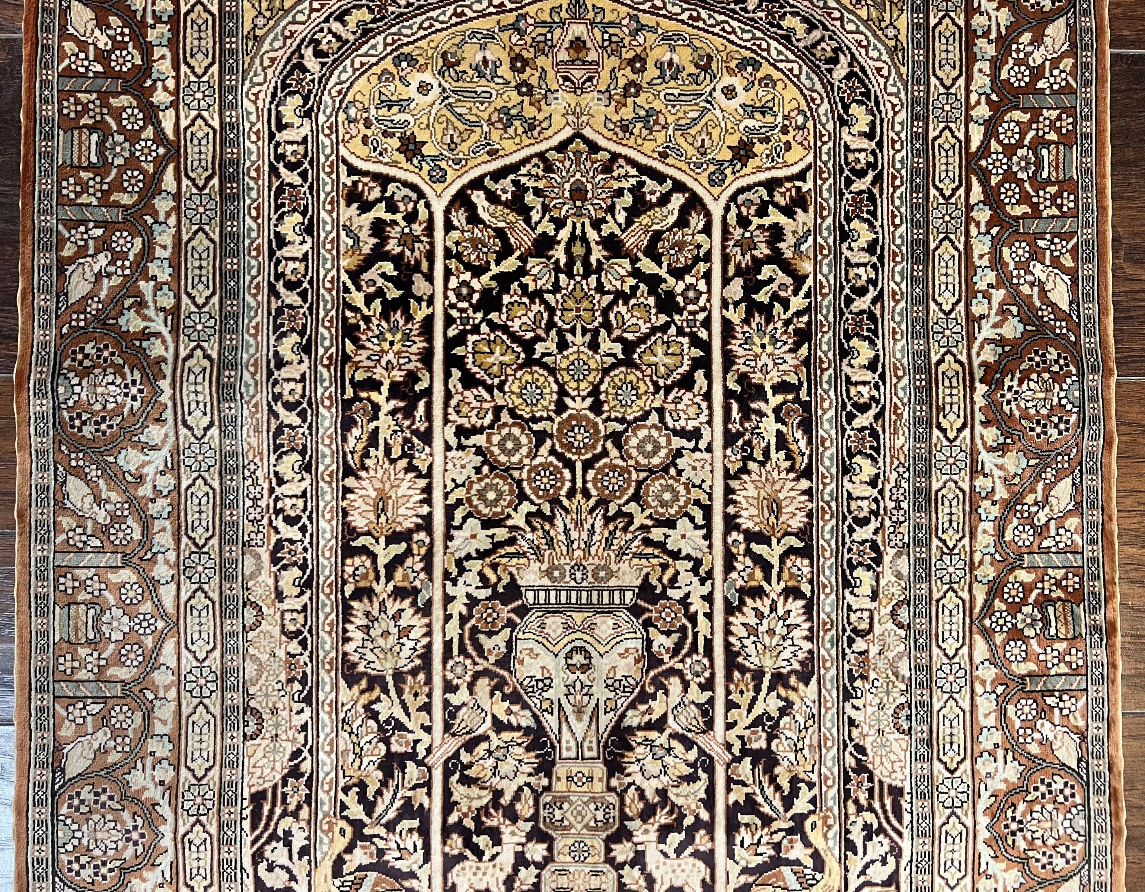 Turkish Silk Hereke Rug 2x3, Floral Vase Tree of Life Birds, Silk Pile on Silk Foundation, Vintage Oriental Carpet, Very Fine, Signature