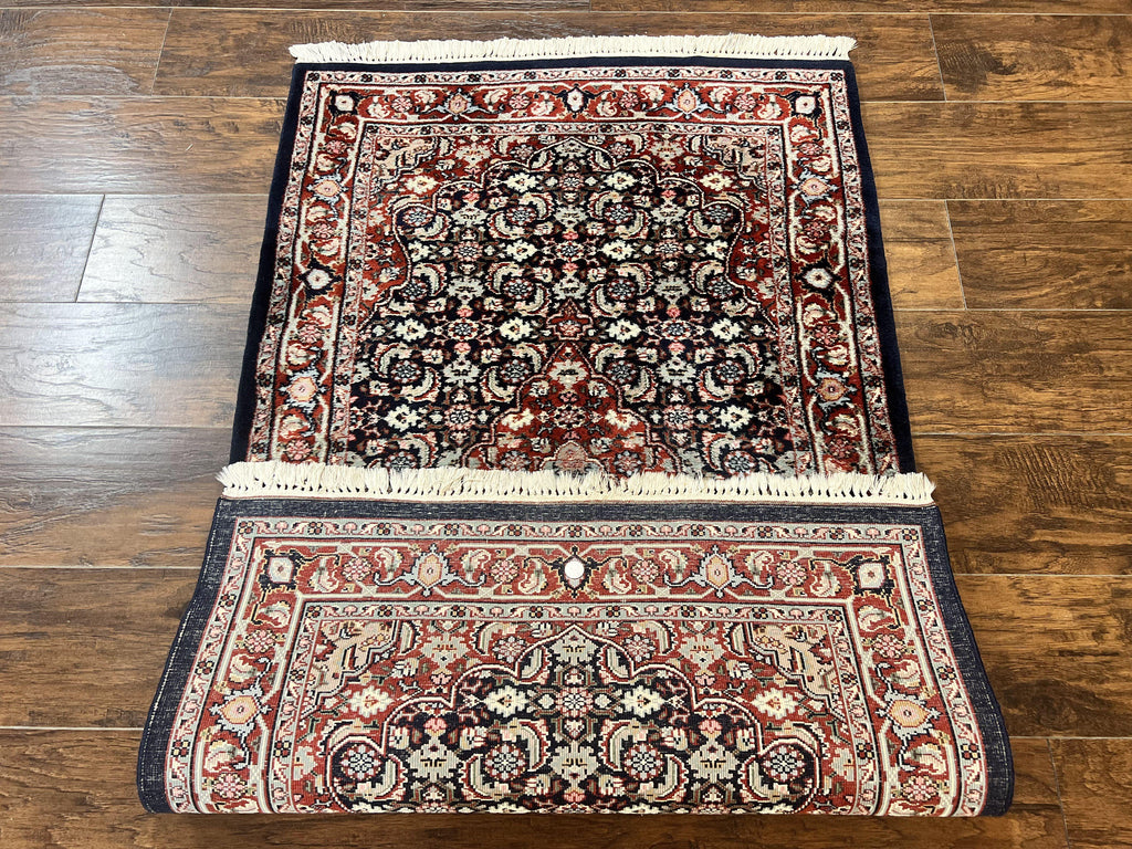 Indo Persian Rug 3x4, Herati Allover Pattern, Midnight Blue and Red, Small Vintage Handmade Wool Rug