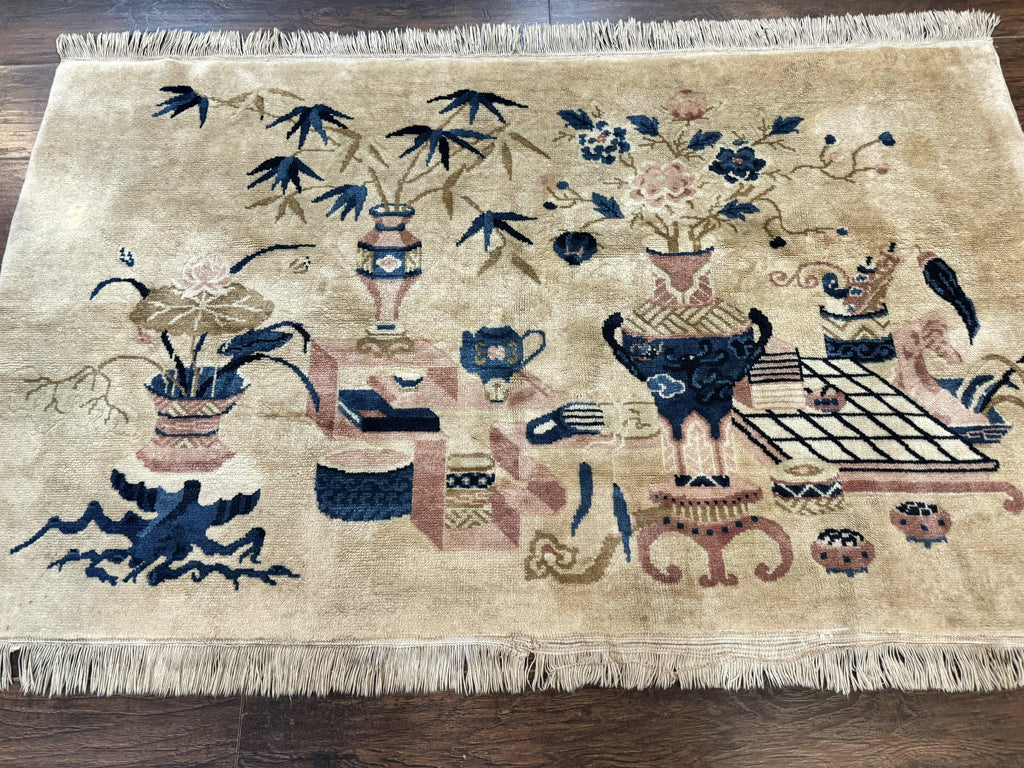 Chinese Rug 5x3, Horizontal Rug, Vases Flowers, Handmade Antique Vintage Carpet, Peking Rug, Chinese Wool Rug