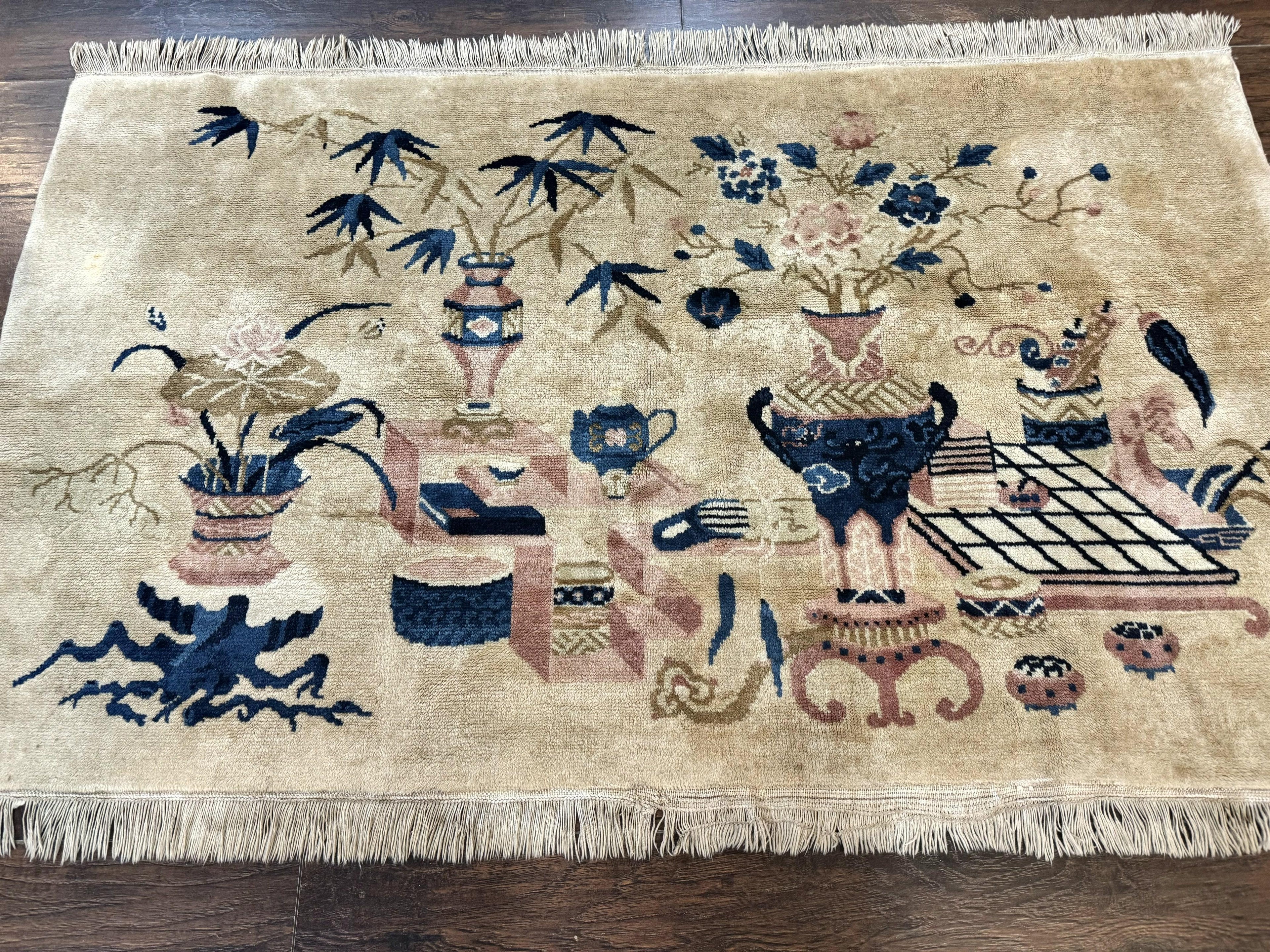 Chinese Rug 5x3, Horizontal Rug, Vases Flowers, Handmade Antique Vintage Carpet, Peking Rug, Chinese Wool Rug