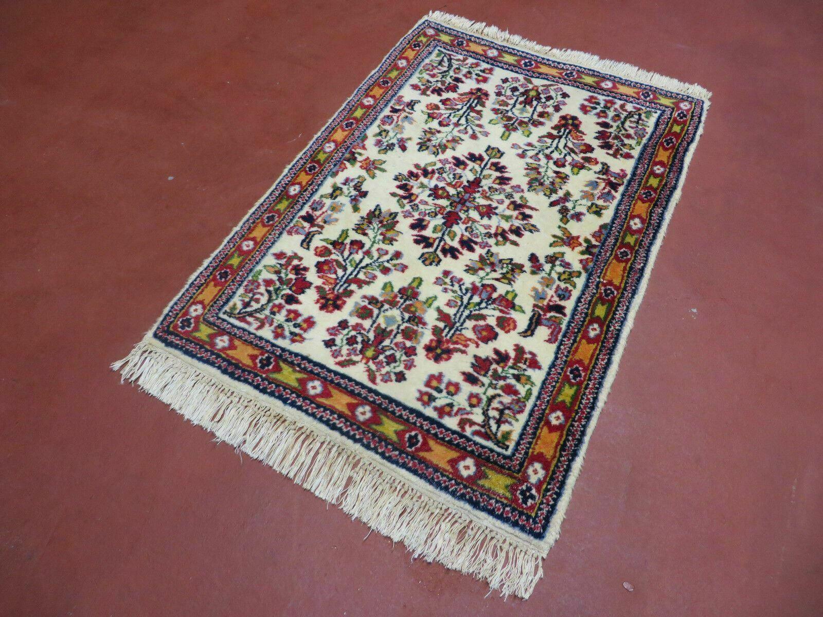 Small Persian Rug 2 x 3, Tiny Persian Sarouk Carpet, Cream Navy Blue Red, Floral Medallion, Vintage Wool Rug, Handmade Hand-Knotted Oriental Rug