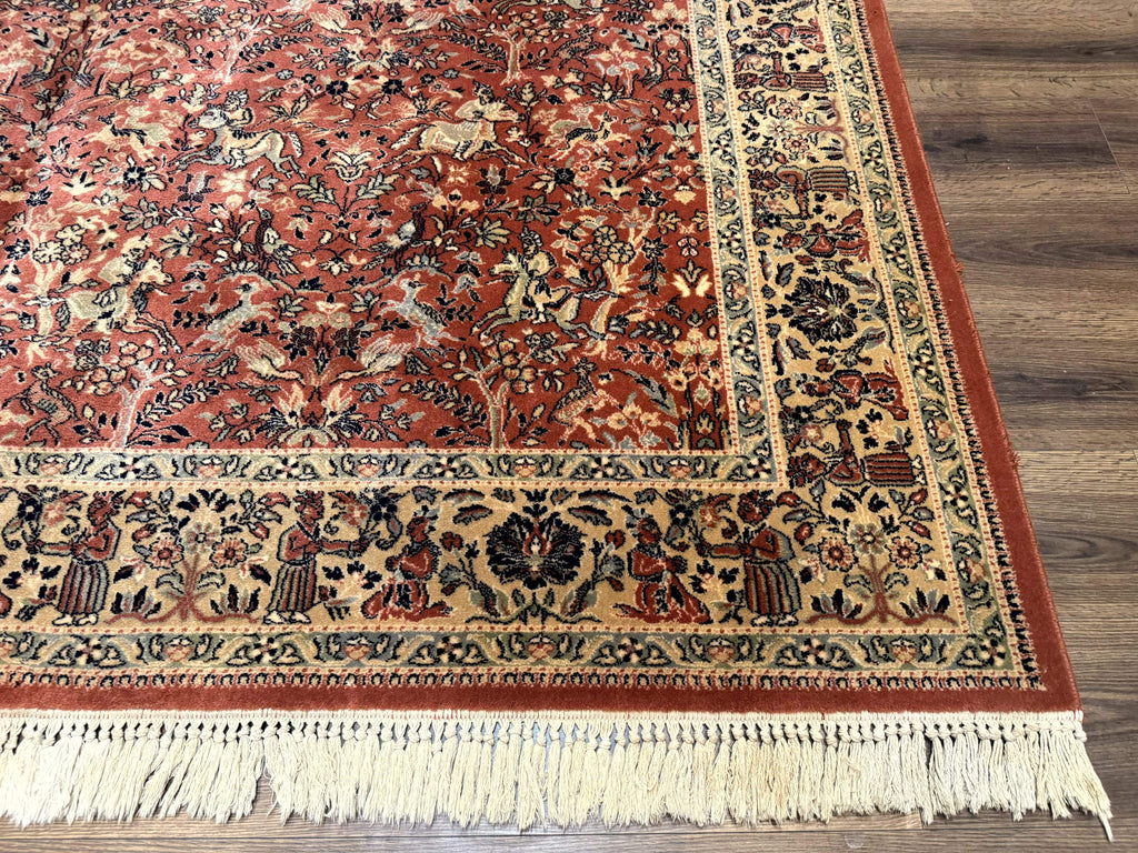 Persian Area Rug 8 x 11.6, Wool, Royal Hunting Scene, Vintage Couristan Rug, Red, Allover Pattern, Belgium Power Loomed