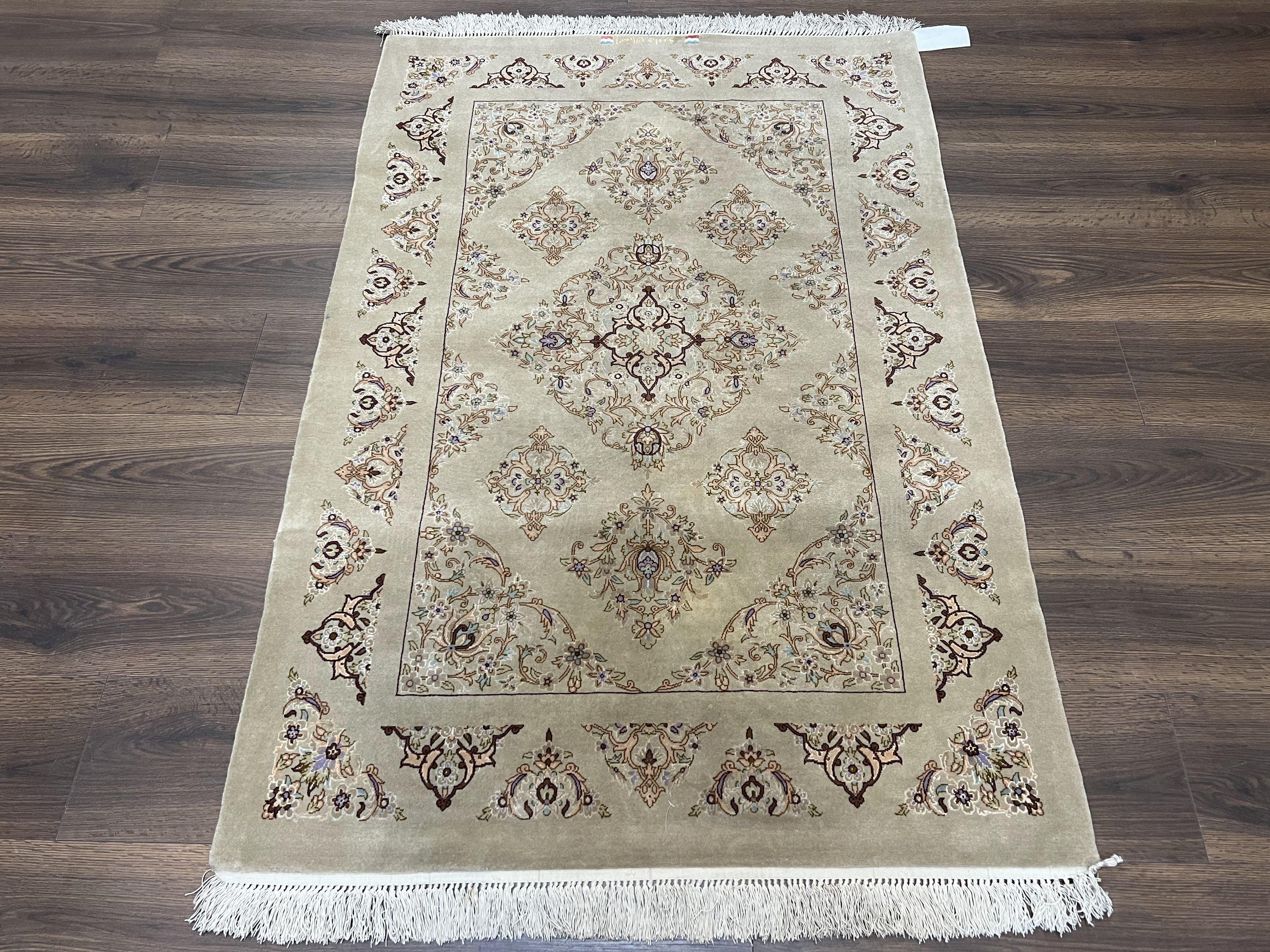 Very Fine Persian Isfahan Rug 3x5 ft with Signature, Kork Wool on Silk Foundation, Gray-Taupe Vintage Hand Knotted Oriental Carpet, 60 Raj 460 KPSI