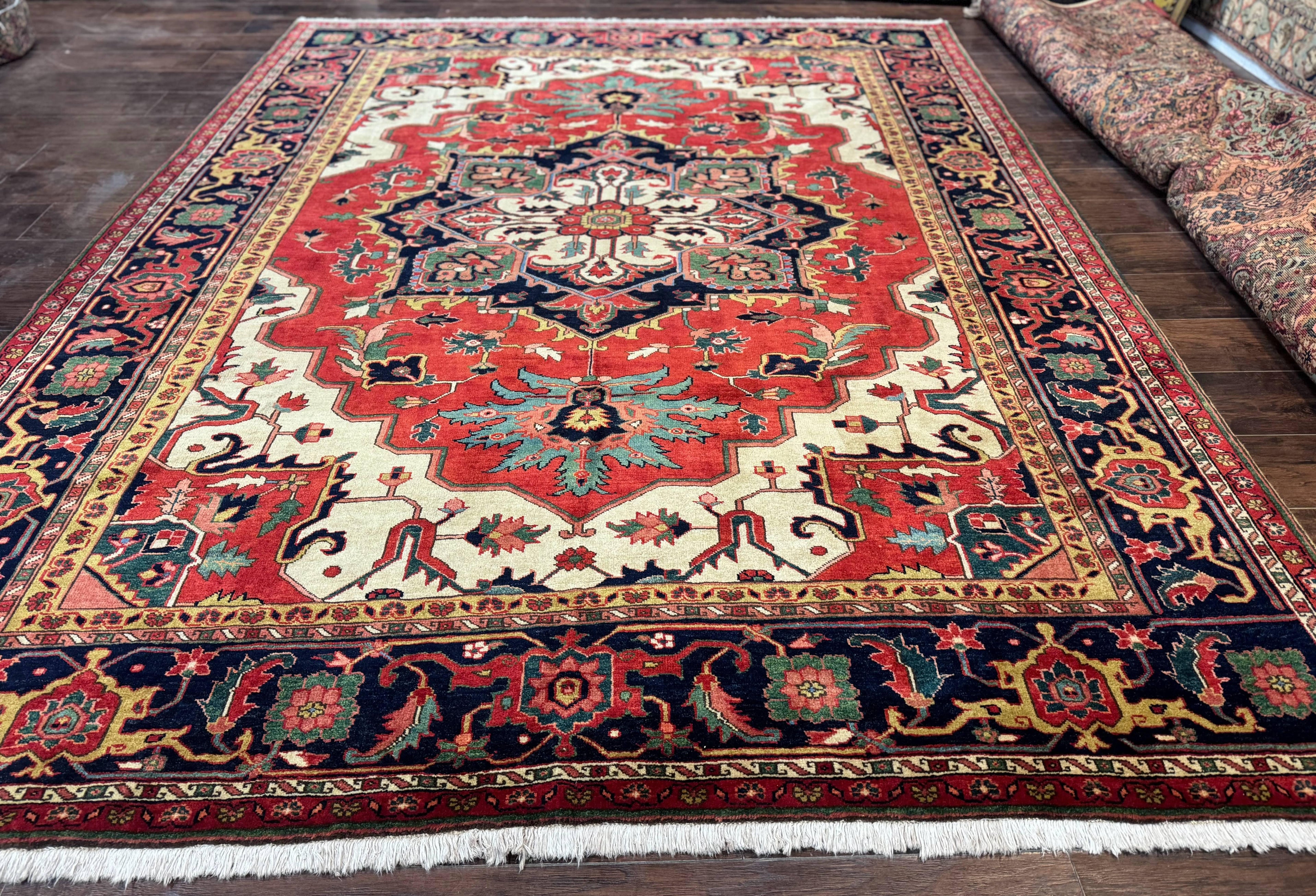 Persian Heriz Serapi Rug 8 x 10.6, Geometric Medallion, Great Colors, Rare, Red Navy Blue Ivory