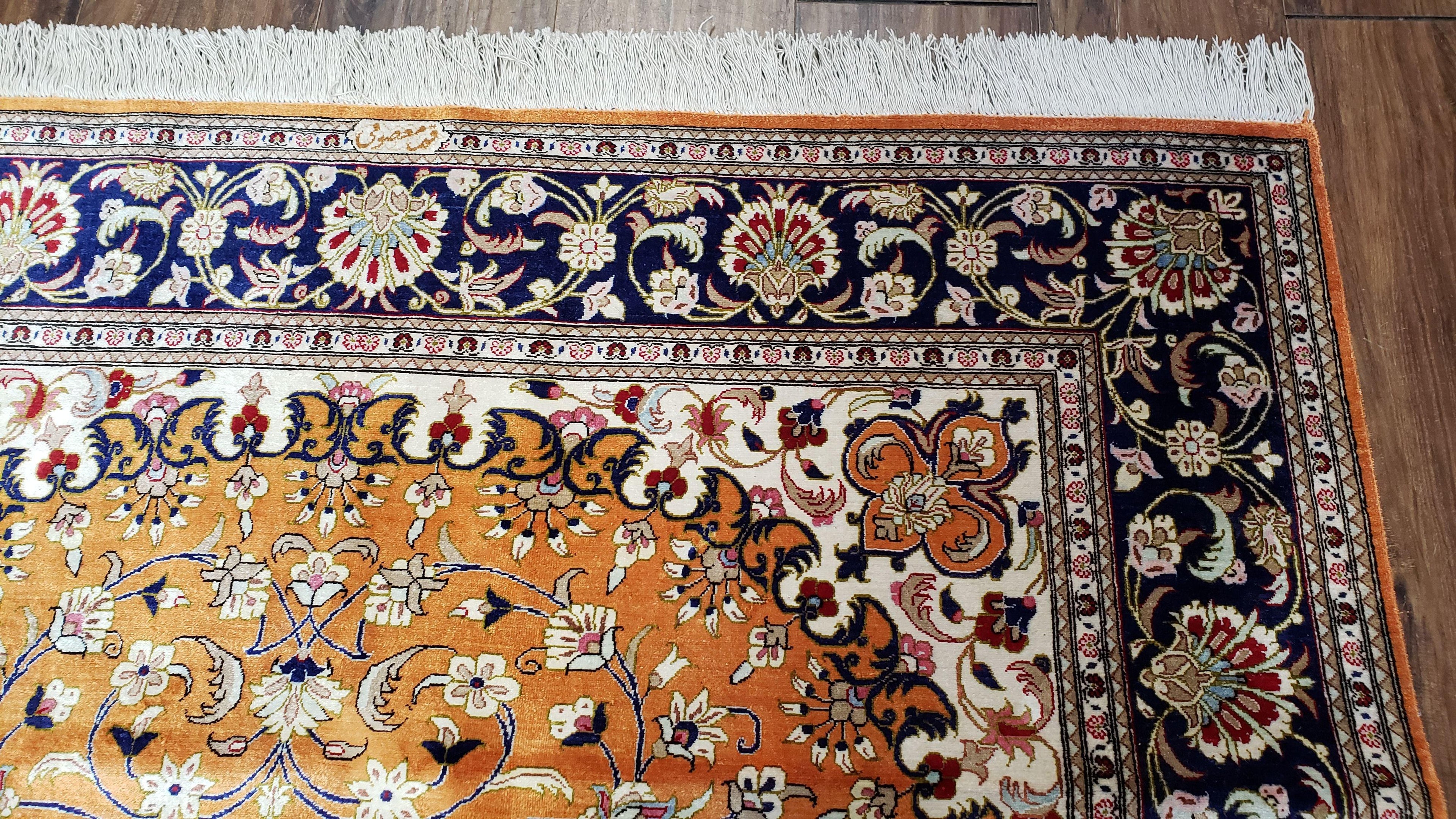 Vintage Persian Qum Silk Rug 4.6 x 6.7, Burnt Orange and Navy Blue, Antique Oriental Very Fine Signature Master Weaver 350+ KPSI Ghom Qom 5x7 Rug