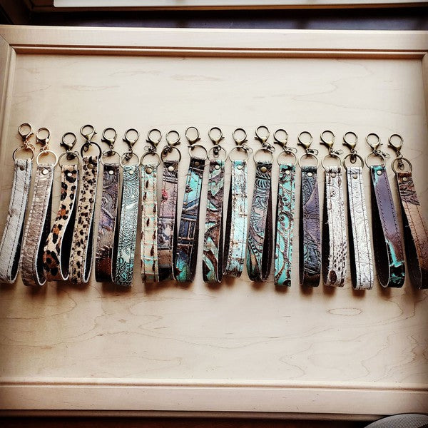 Embossed Leather Key Chain Strap Blue