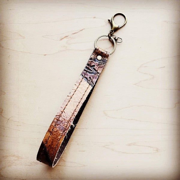 Embossed Leather Key Chain Strap Tan