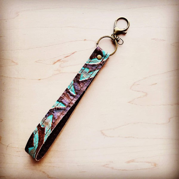 Embossed Leather Key Chain Strap Turquoise Laredo