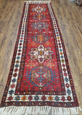Antique Persian Heriz Karajeh Runner Rug 3x11, Hand-Knotted Red Geometric Medallions