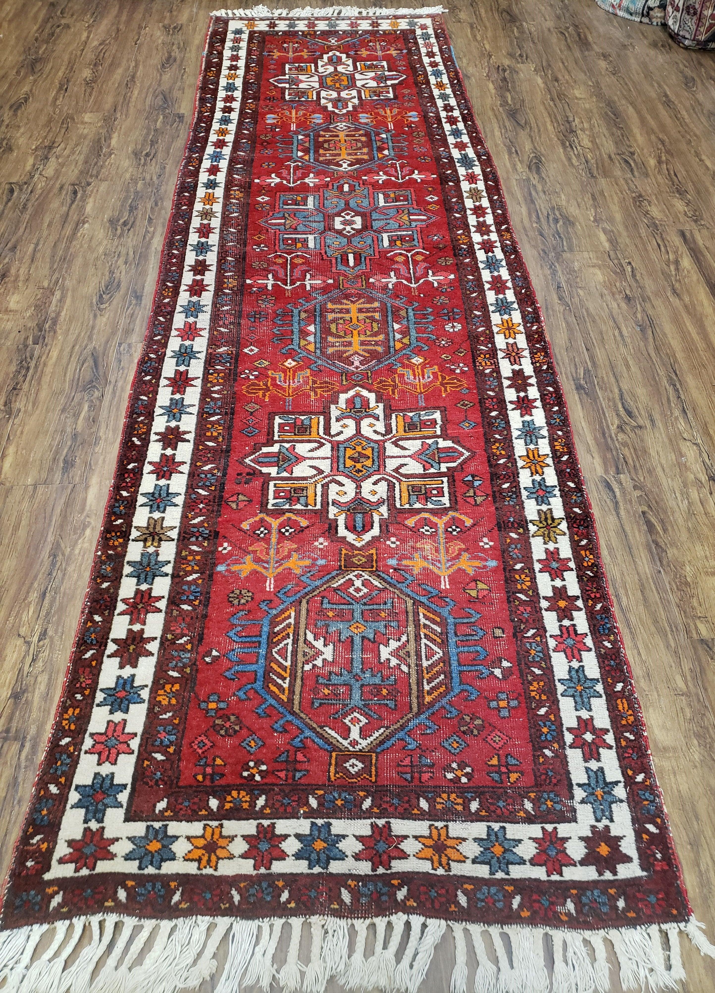 Antique Persian Heriz Karajeh Runner Rug 3x11, Hand-Knotted Red Geometric Medallions
