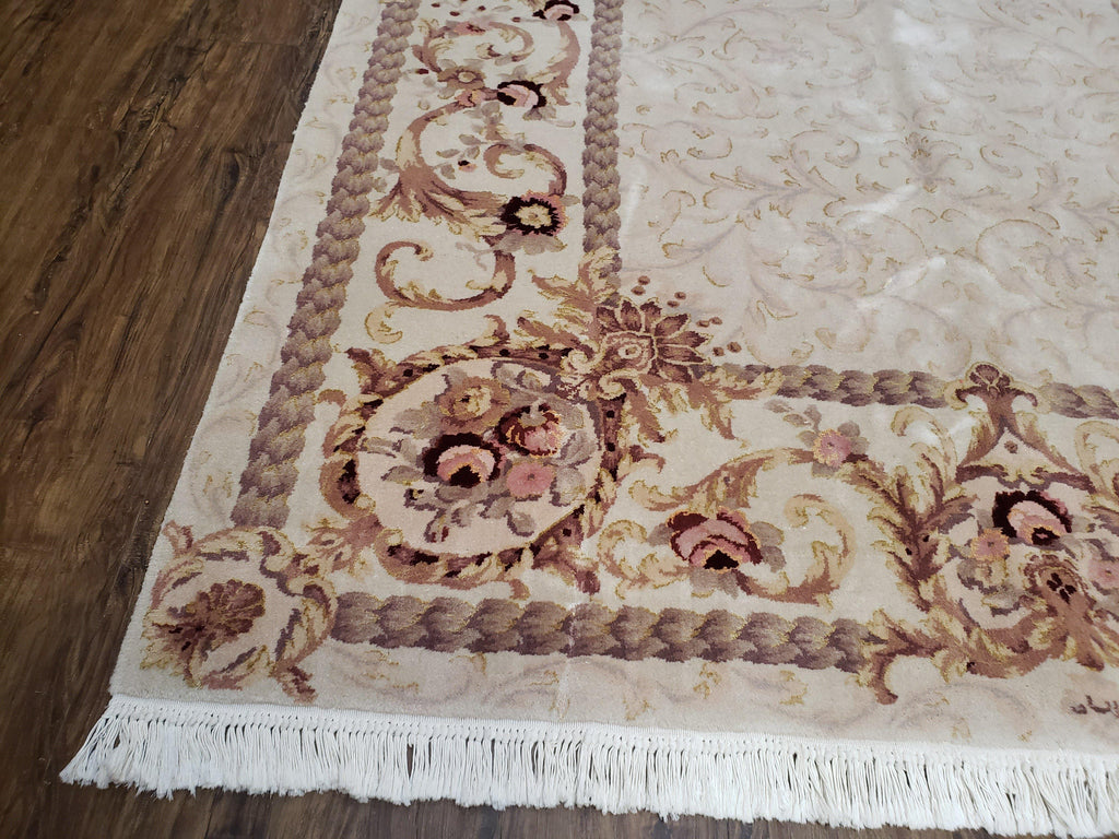 Vintage Ivory Chinese Aubusson Area Rug 6x9, Wool & Silk, Hand-Knotted 120 Line Fine Rug, European Design Carpet, 6 x 9 Master Signature Rug
