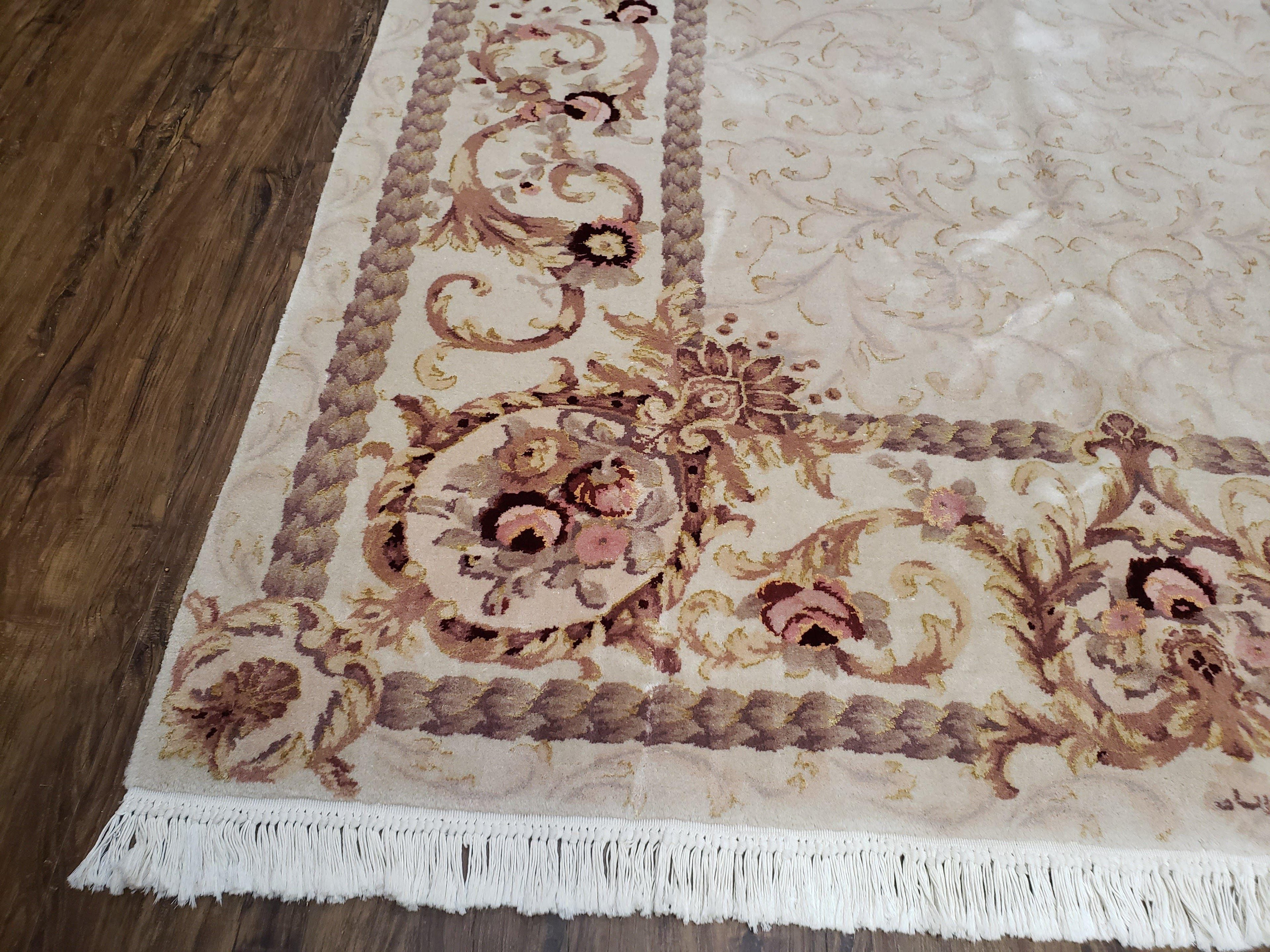 Vintage Ivory Chinese Aubusson Area Rug 6x9, Wool & Silk, Hand-Knotted 120 Line Fine Rug, European Design Carpet, 6 x 9 Master Signature Rug