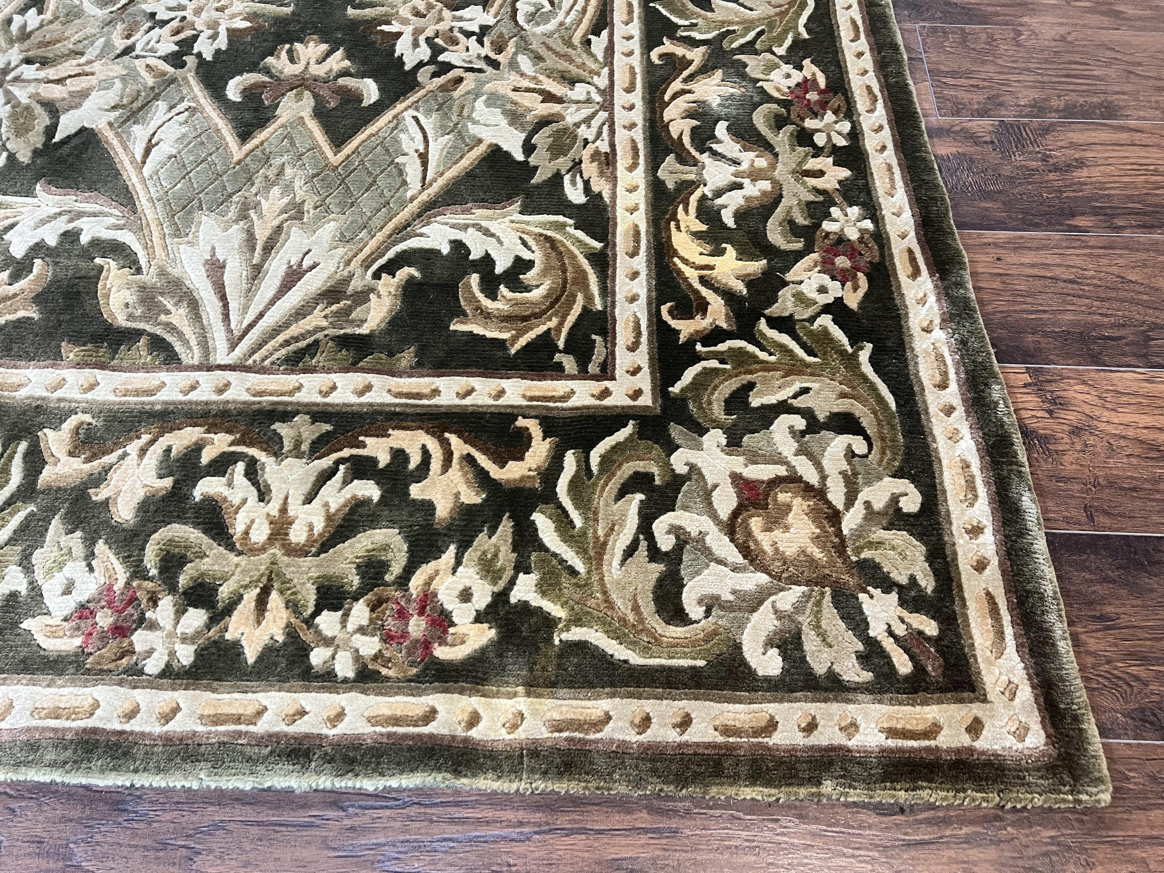 Tibetan Rug 8x10, European Design, Floral, Green, Handmade, Wool, Nepali Rug