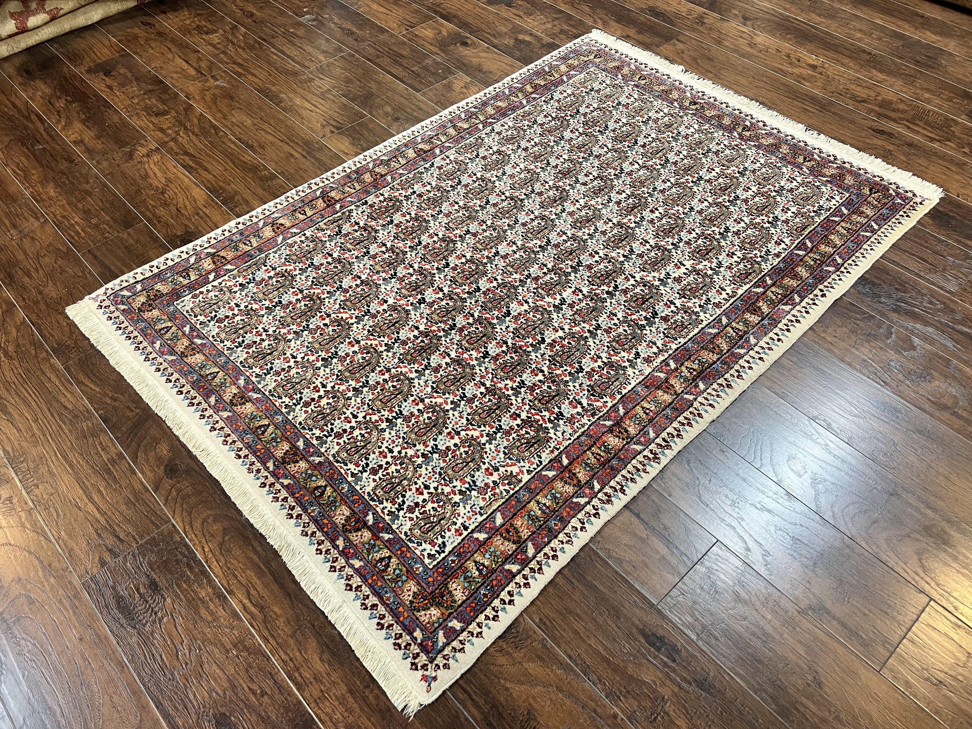 Persian Rug 4x6, Mashad Kashmar Rug, Boteh Paisley Design, Allover Repeated Pattern, Ivory Hand Knotted Vintage Semi Antique Persian Oriental Carpet
