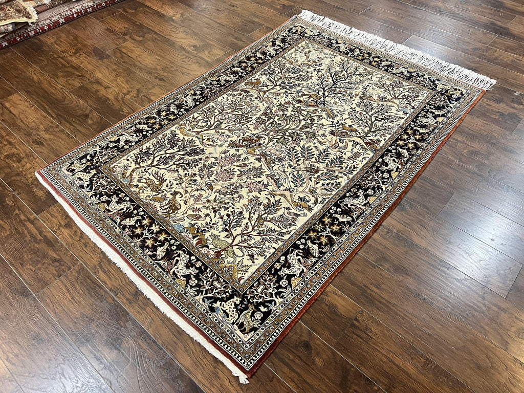 Persian Qum Tree of Life Rug 5x7, Wool and Silk Highlights, Animal Motifs, Vintage Hand Knotted Handmade Cream & Black Fine Oriental Carpet