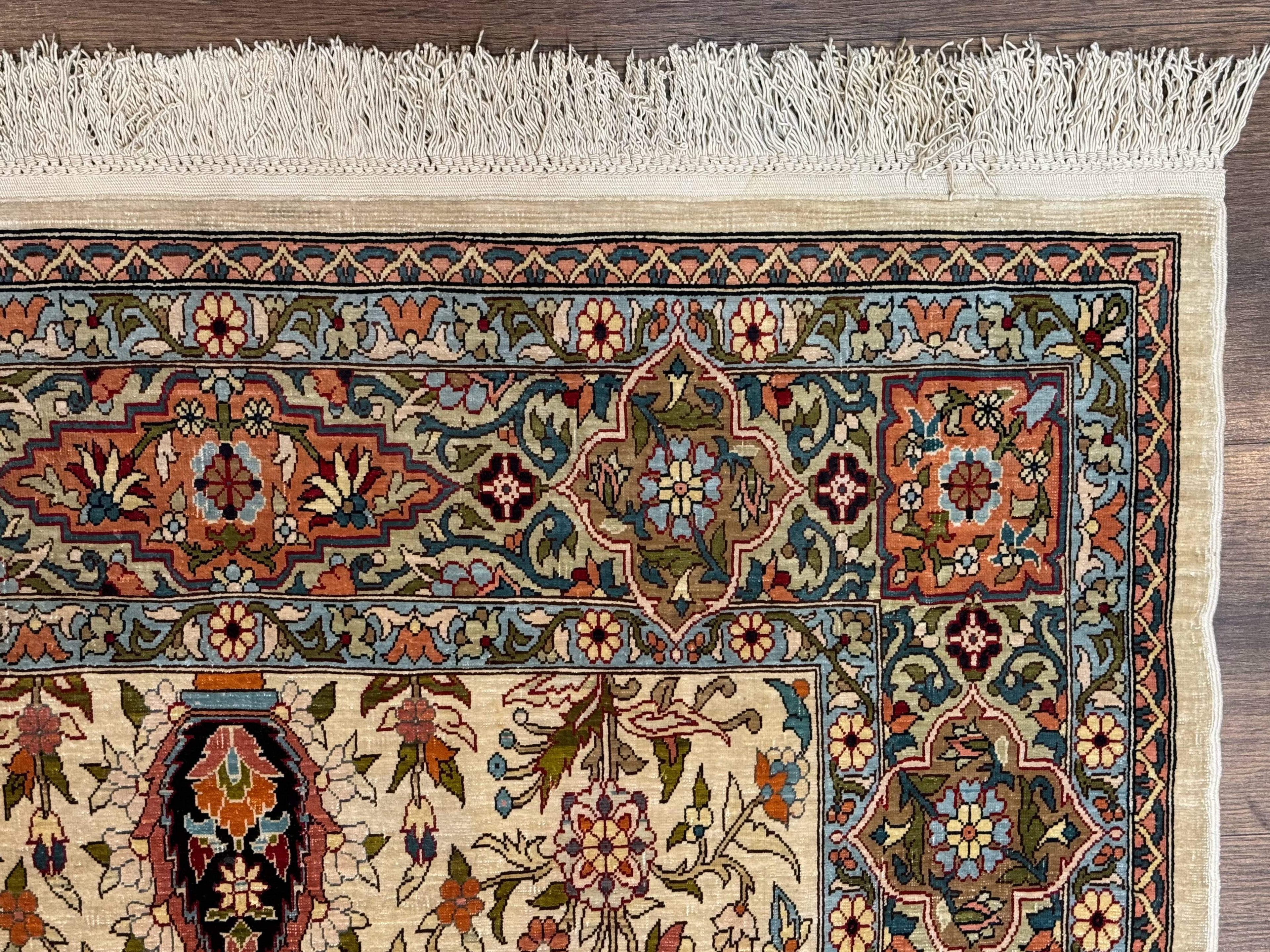 Rare Turkish Hereke Silk Rug 3x5, Tree of Life Persian Vase Design, Very Fine 440 KPSI, Signed