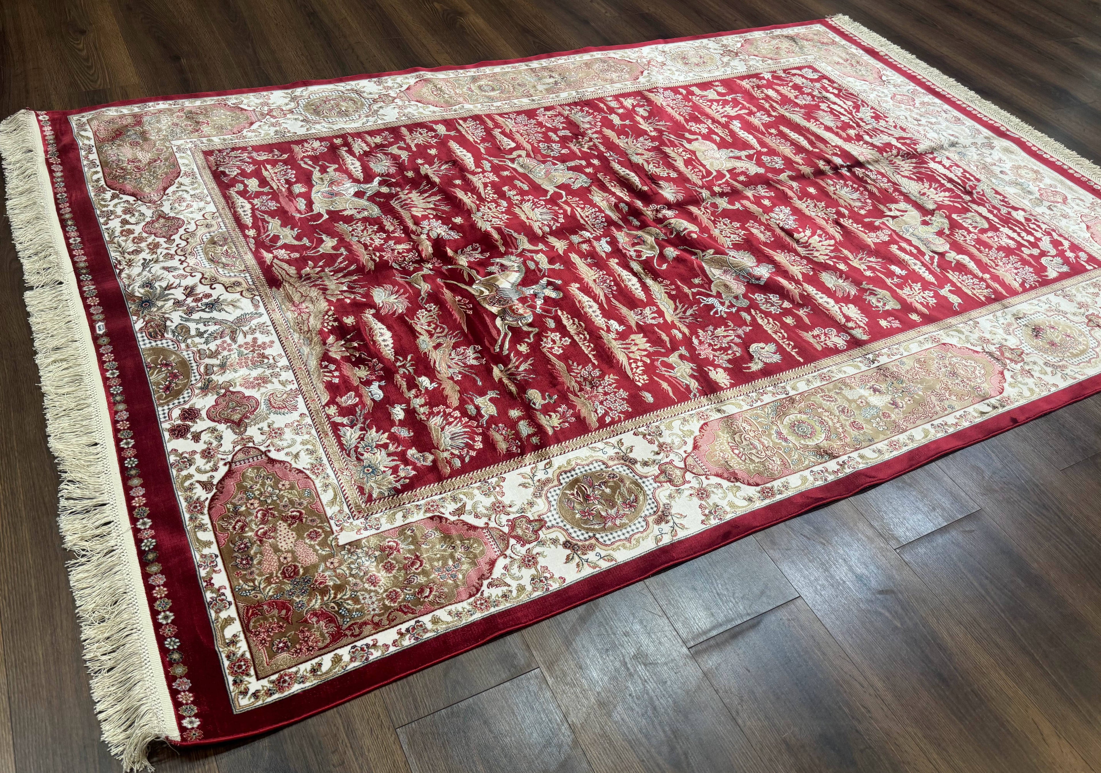 Turkish Silk Hunting Scene Rug 5 x 7.6, Red & Ivory, Bamboo Silk, New